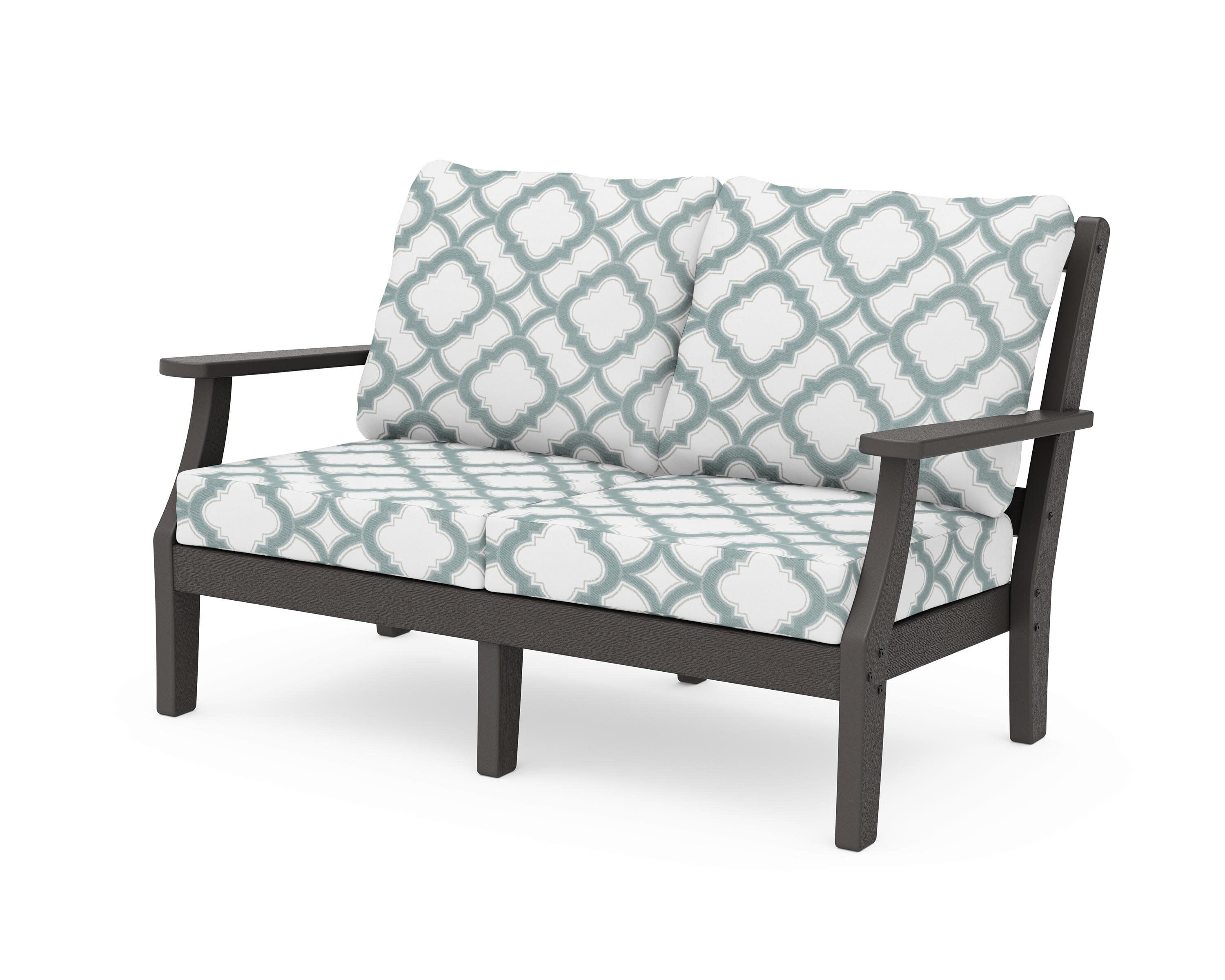 Chinoiserie Deep Seating Loveseat in Vintage Coffee / Trellis Glacier Spa