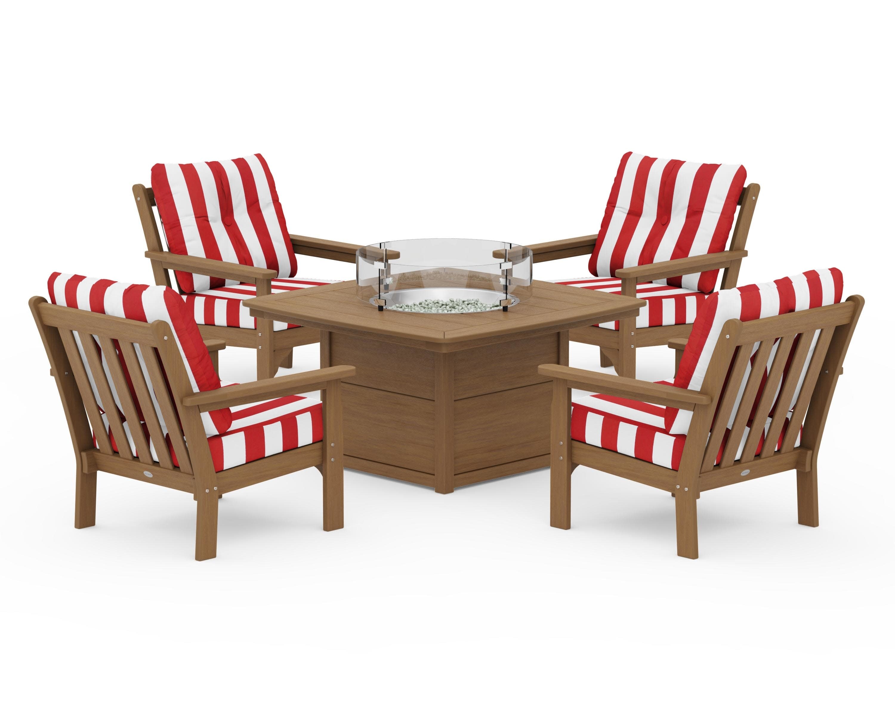 Vineyard 5-Piece Conversation Set with Fire Pit Table in Natural / Cabana Stripe Crimson