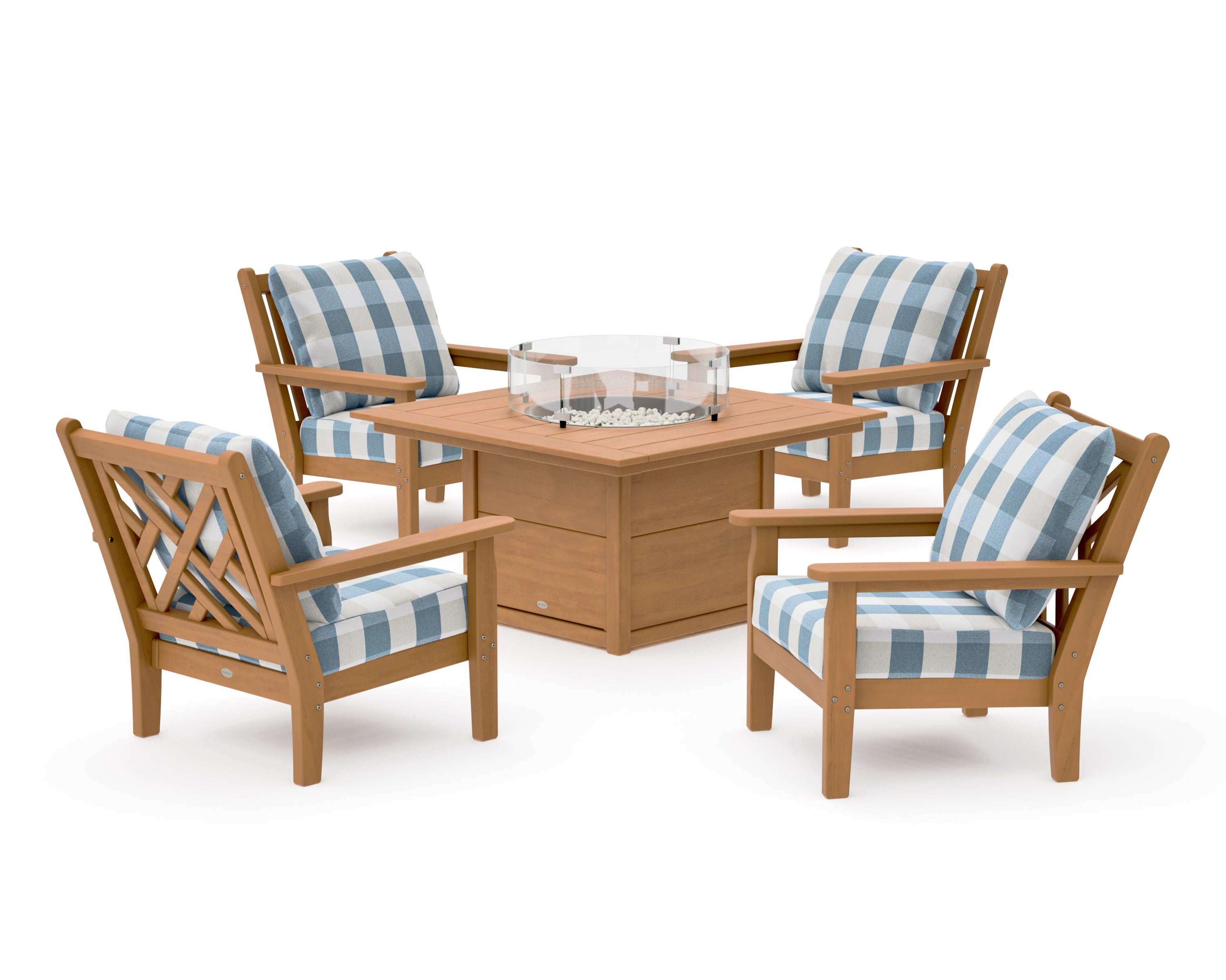 Chippendale 5-Piece Deep Seating Set with Fire Pit Table in Natural / Buffalo Plaid Sky Blue