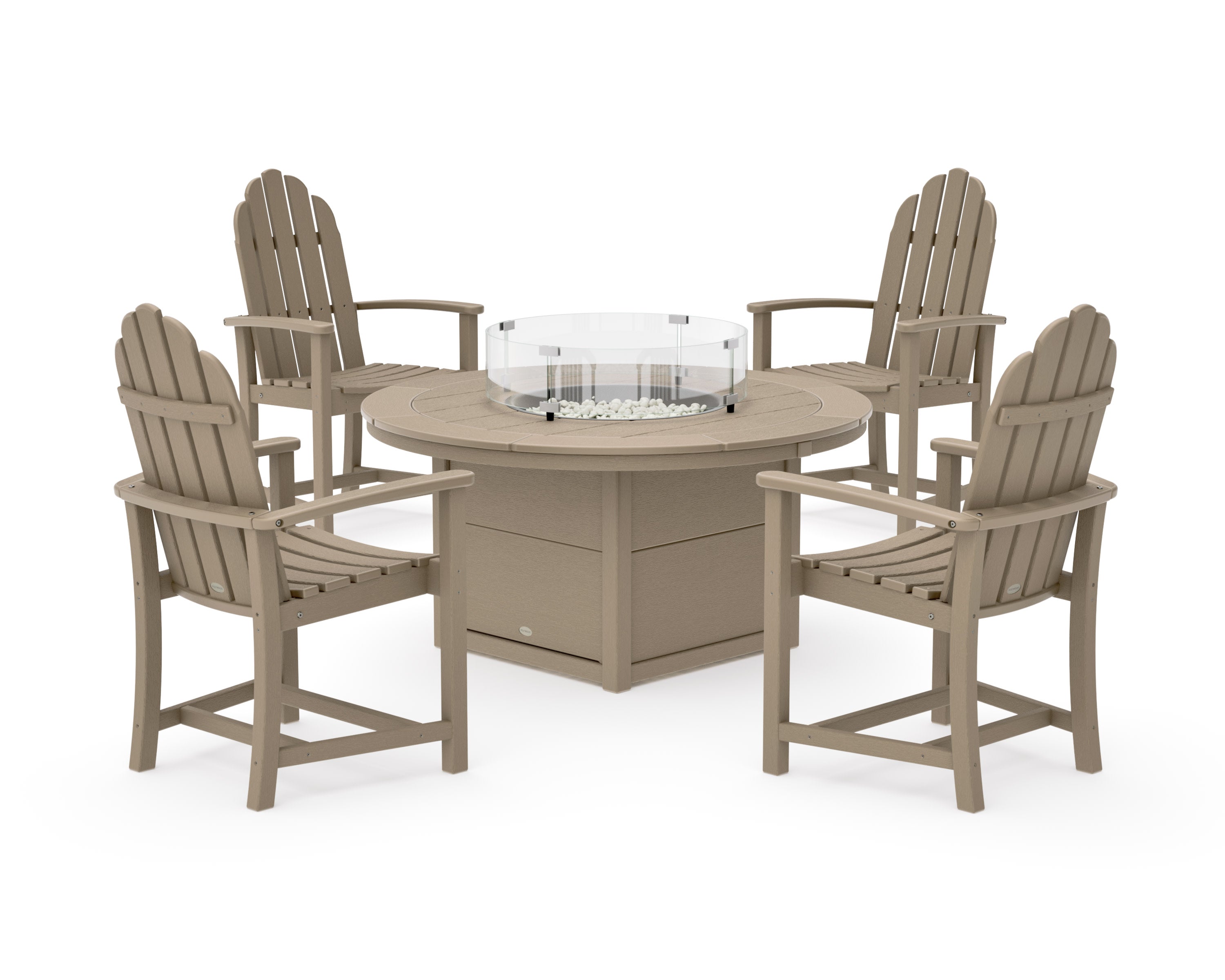 Classic 4-Piece Upright Adirondack Conversation Set with Fire Pit Table in Vintage Sahara