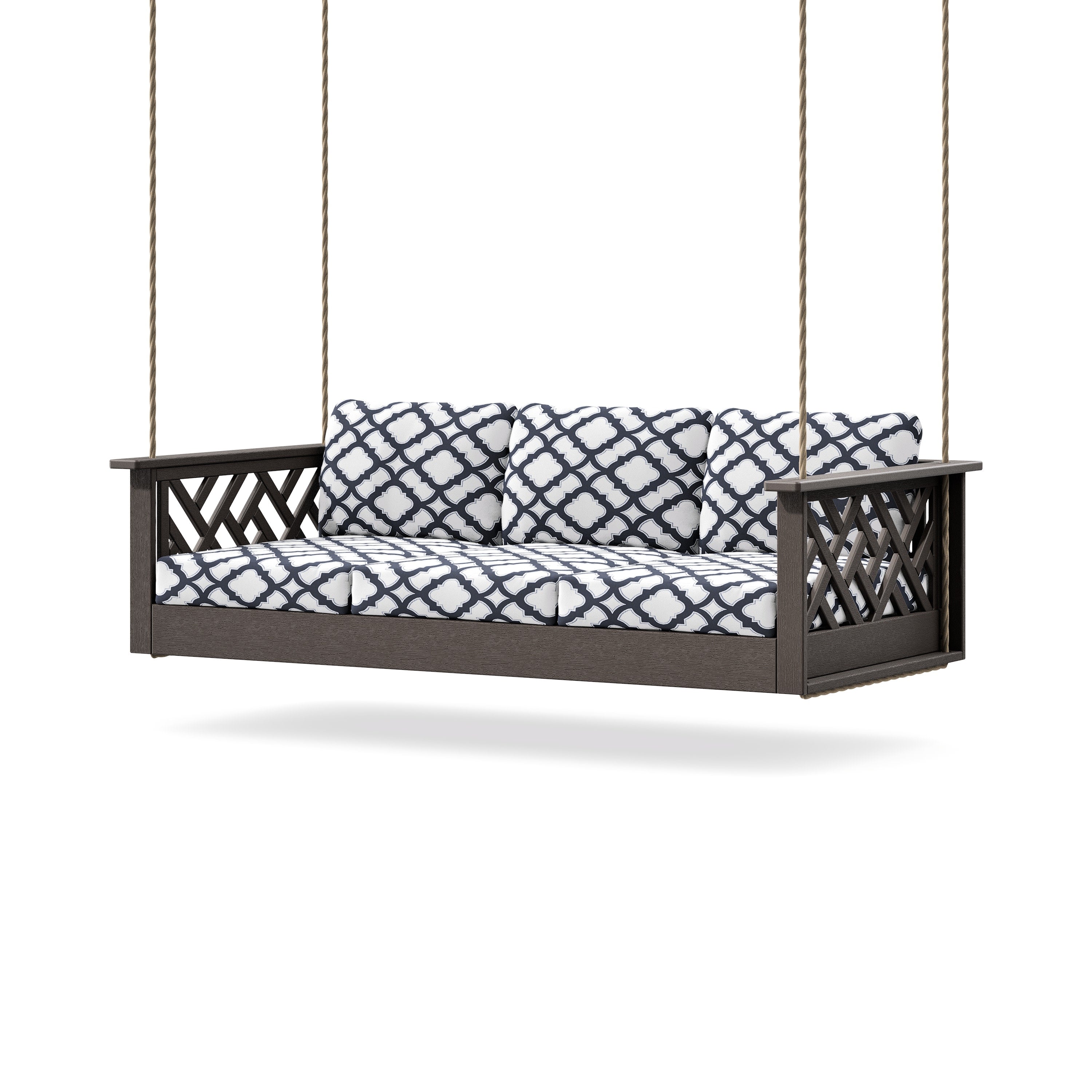 Chippendale Daybed Swing in Vintage Coffee / Trellis Navy