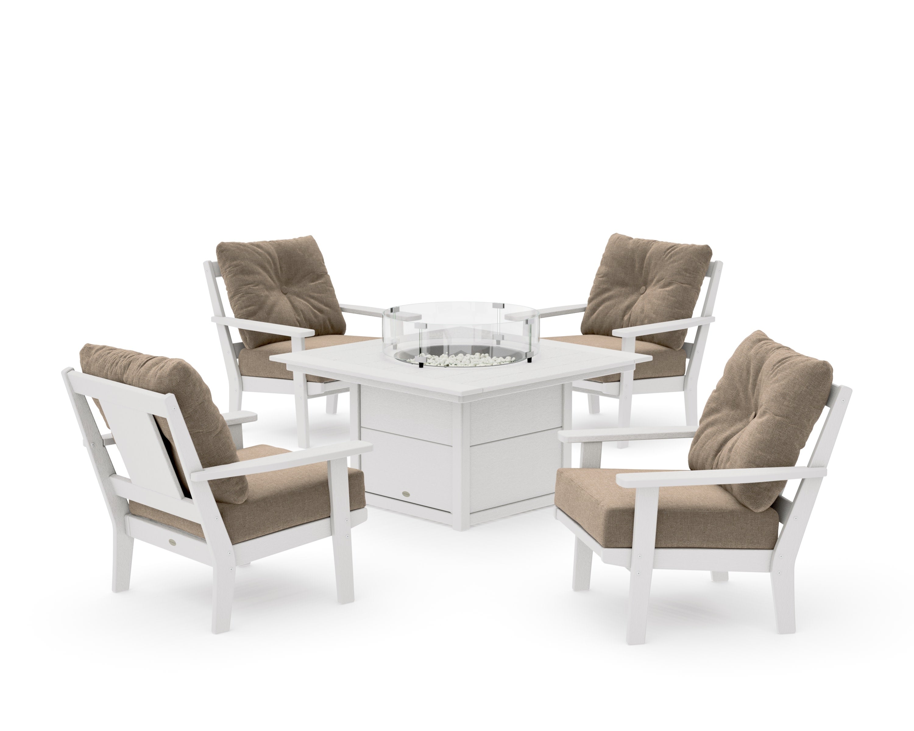Prairie 5-Piece Deep Seating Set with Fire Pit Table in Vintage White / Spiced Burlap
