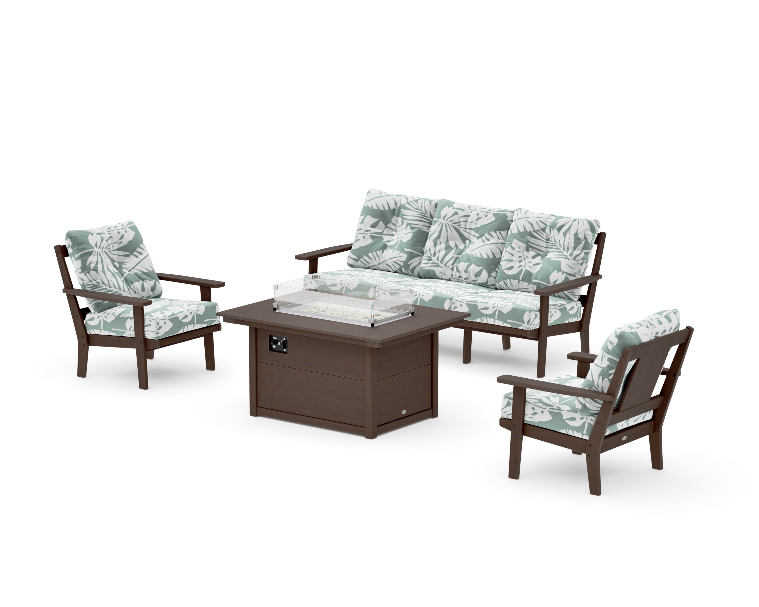Prairie Deep Seating Fire Pit Table Set in Kona / Leaf Glacier Spa