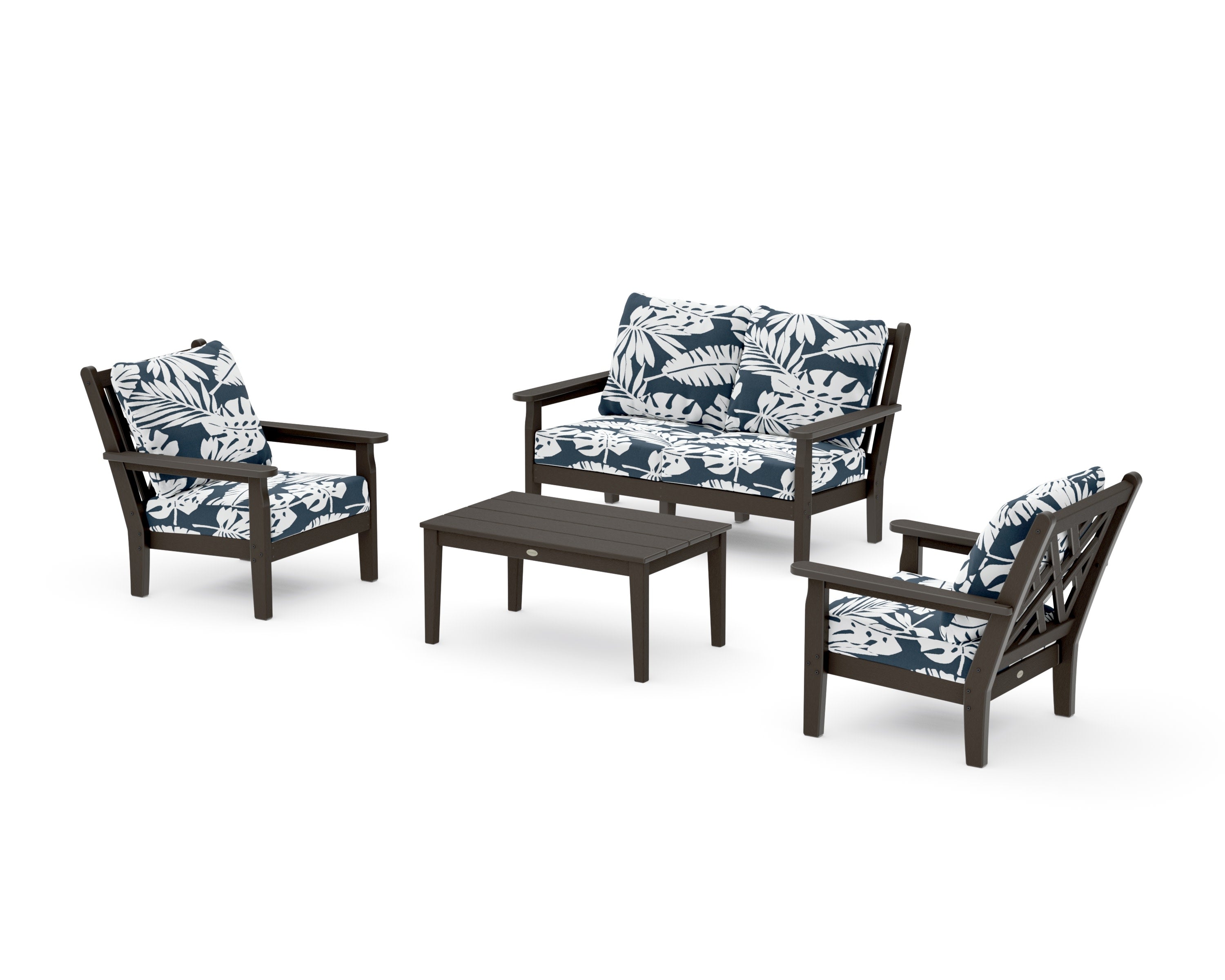 Chippendale 4-Piece Deep Seating Set with Loveseat in Vintage Coffee / Leaf Marine Indigo