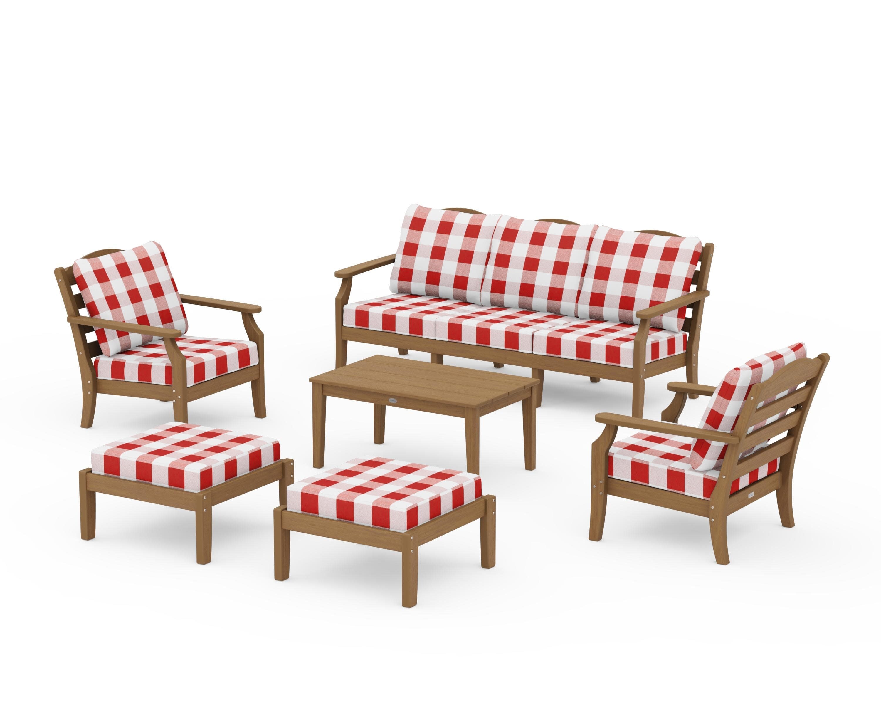 Savannah 6-Piece Lounge Sofa Set in Natural / Buffalo Plaid Crimson