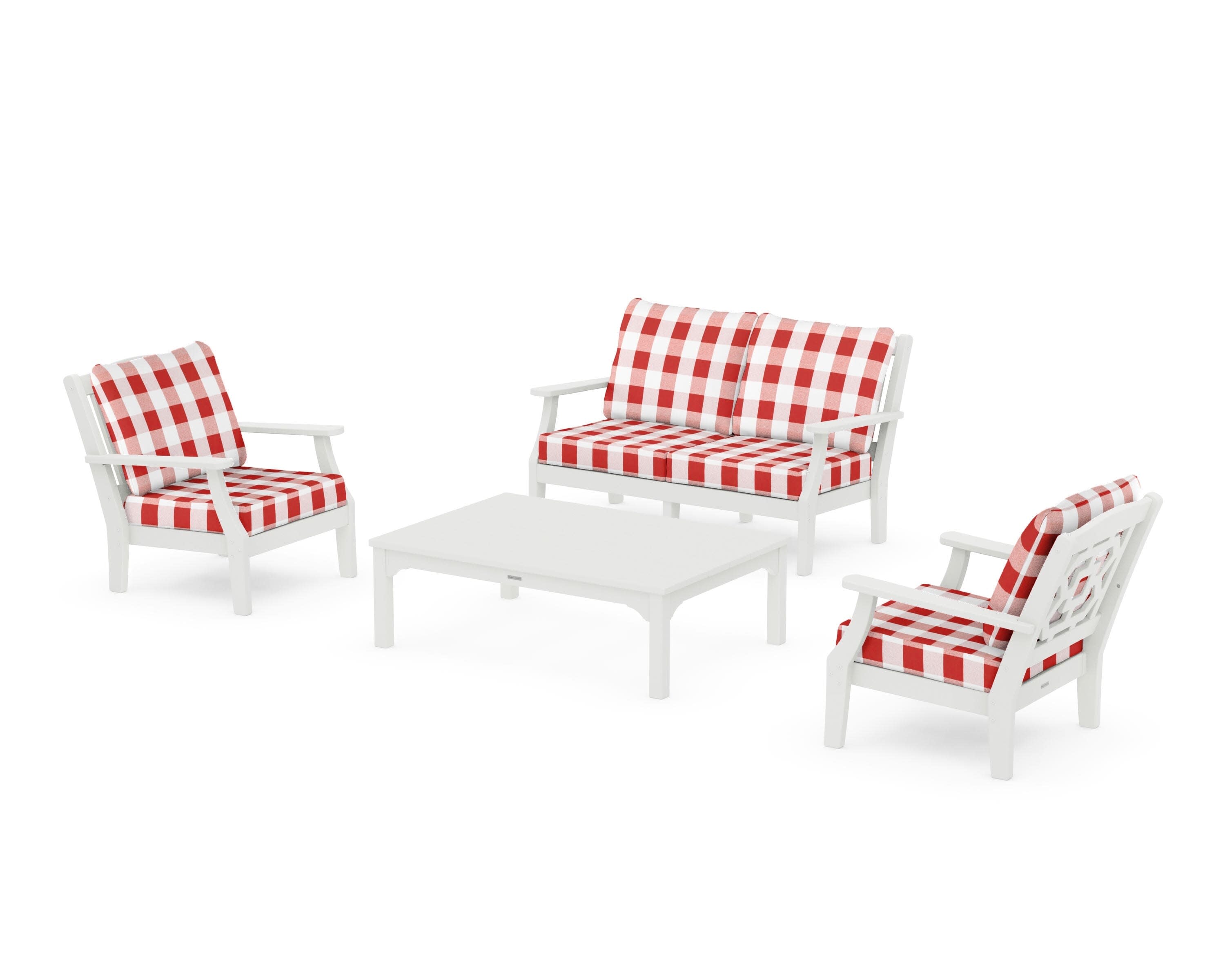 Chinoiserie 4-Piece Deep Seating Set with Loveseat in Vintage White / Buffalo Plaid Crimson