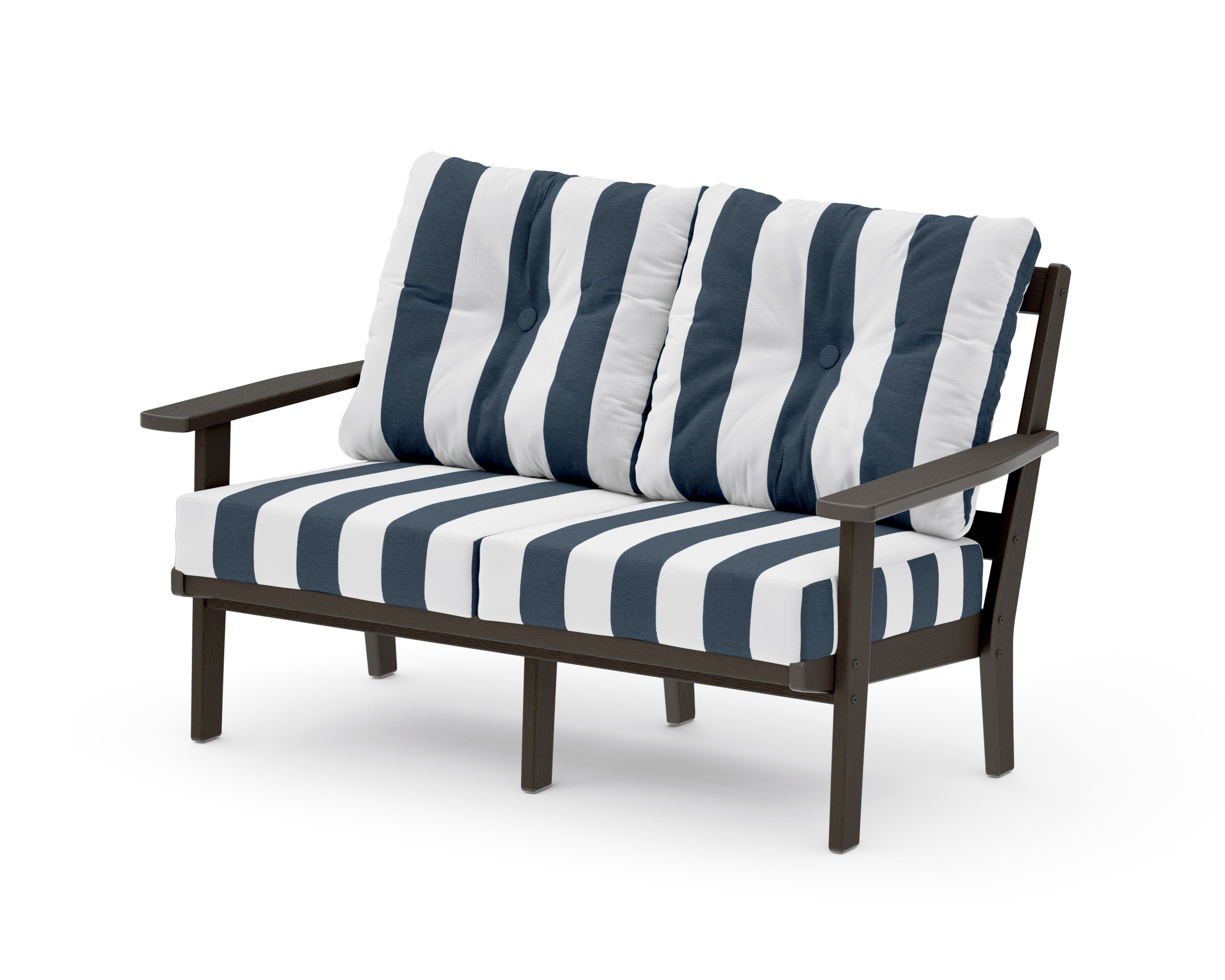 Oxford Deep SeatingLoveseat in Vintage Coffee / Cabana Stripe Marine Indigo