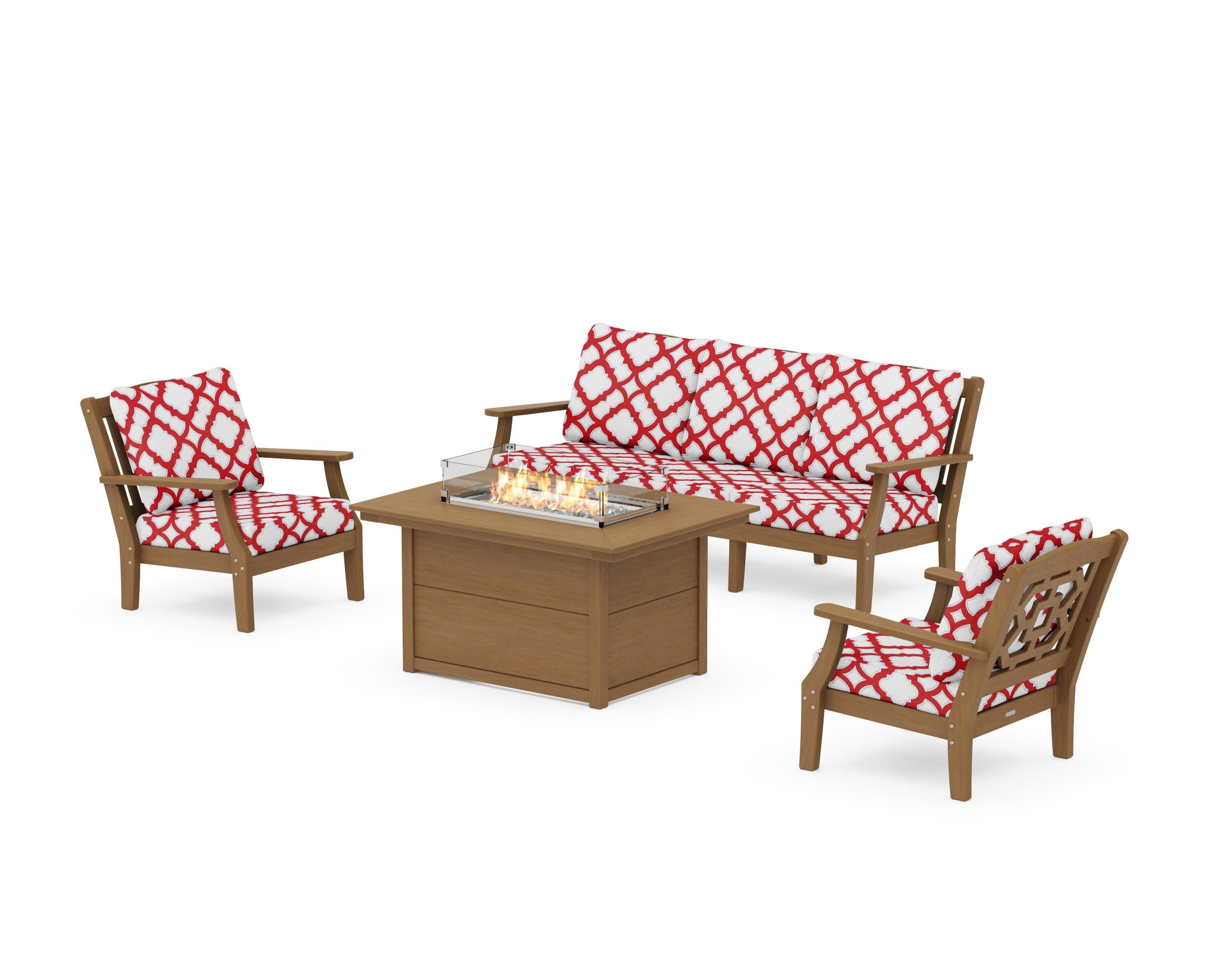 Chinoiserie Deep Seating Fire Pit Table Set in Natural / Trellis Crimson