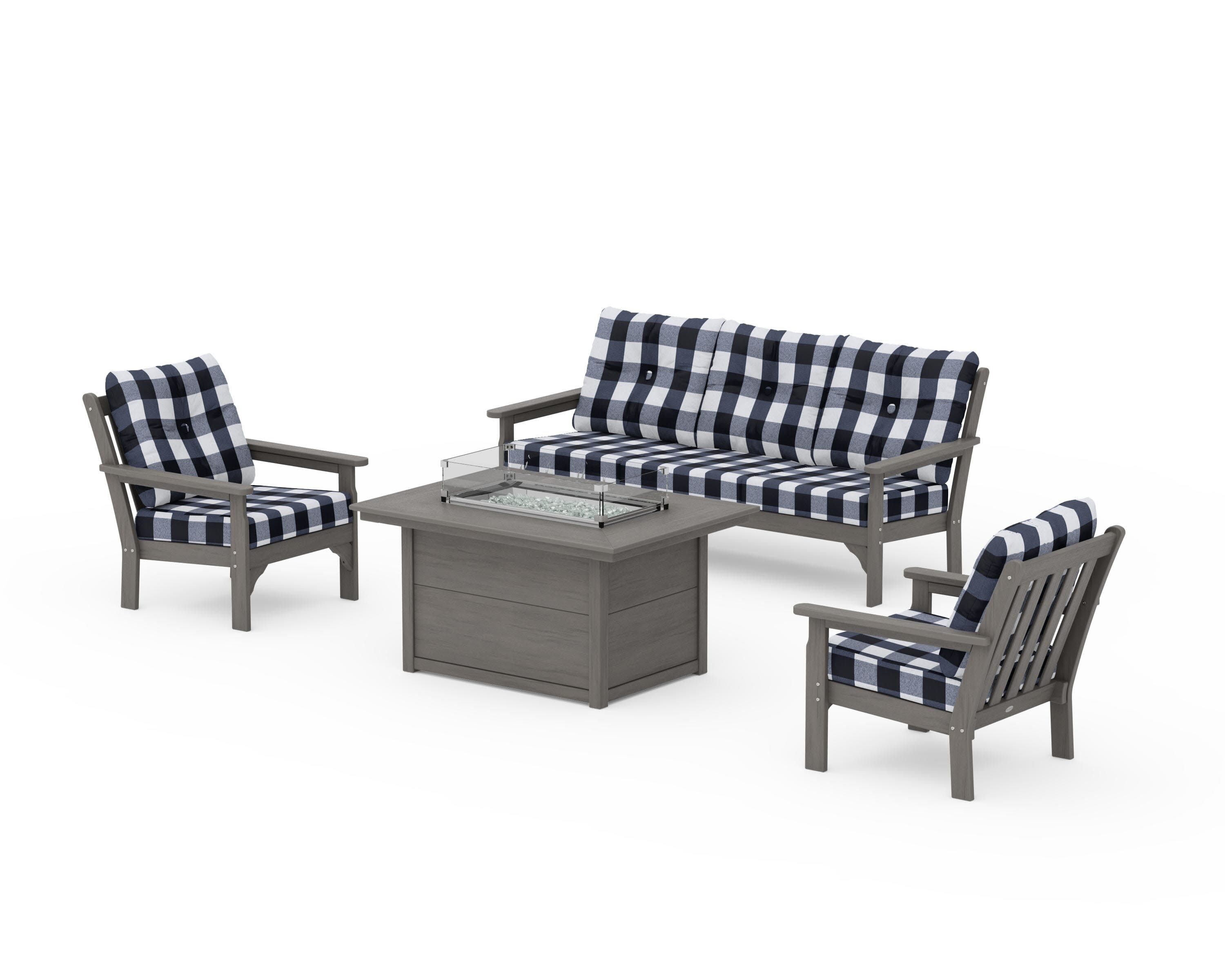 Vineyard Deep Seating Fire Pit Table Set in Driftwood / Buffalo Plaid Marine Indigo