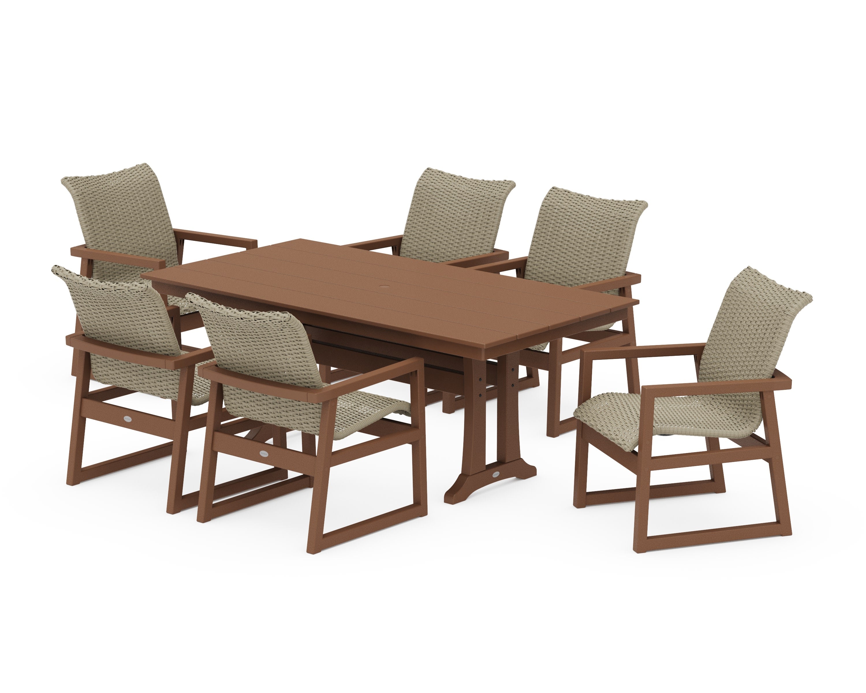 EDGE Woven Arm Chair 7-Piece Farmhouse Dining Set with Trestle Legs in Teak / Dune Grass