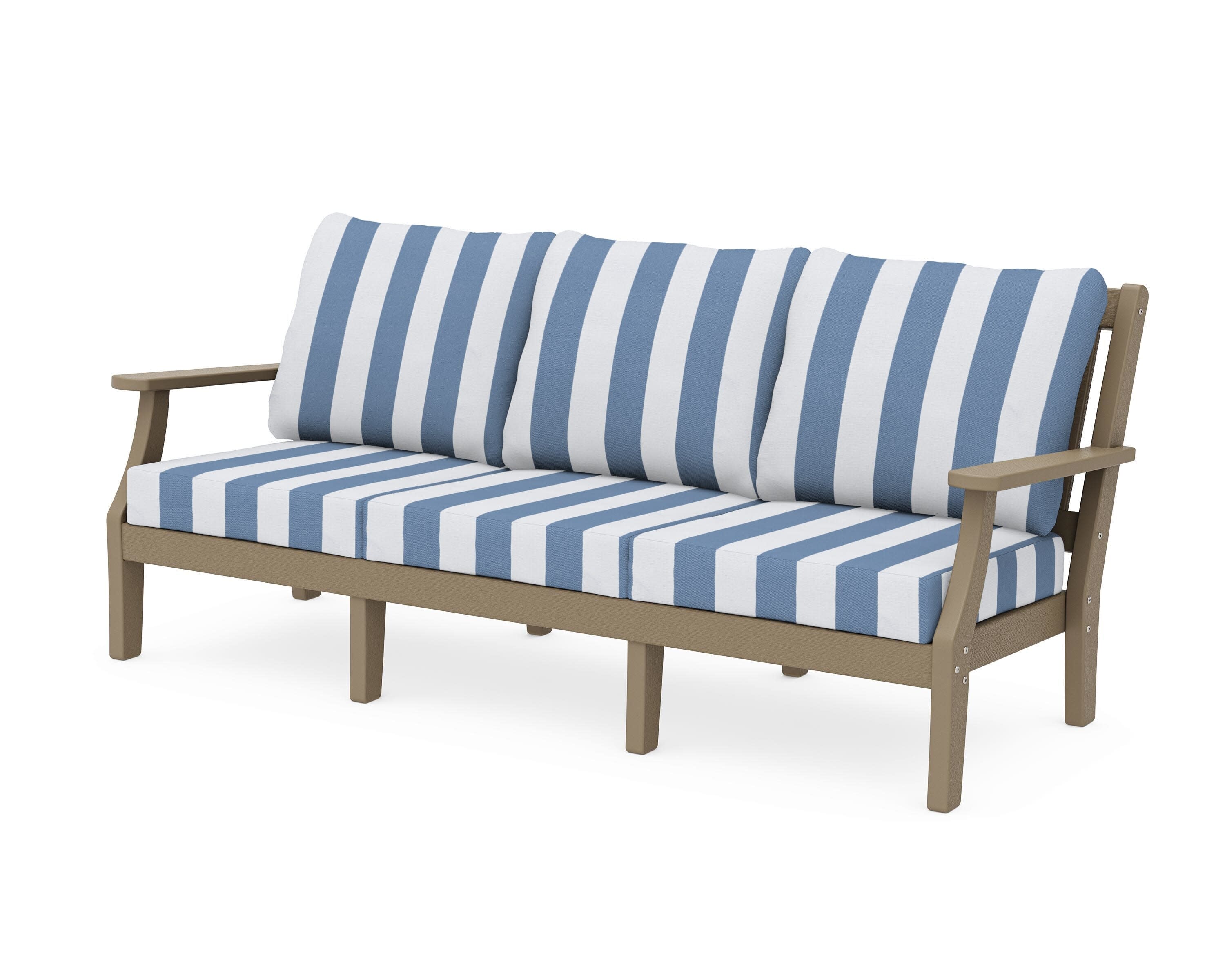 Chinoiserie Deep Seating Sofa in Vintage Sahara / Cabana Stripe Sky Blue