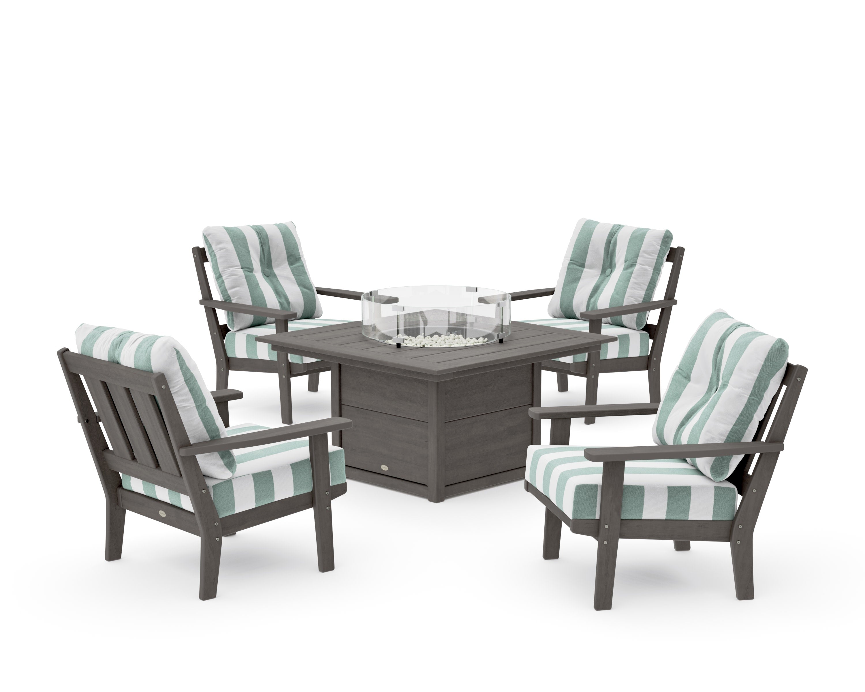 Oxford 5-Piece Deep Seating Set with Fire Pit Table in Driftwood / Cabana Stripe Glacier Spa