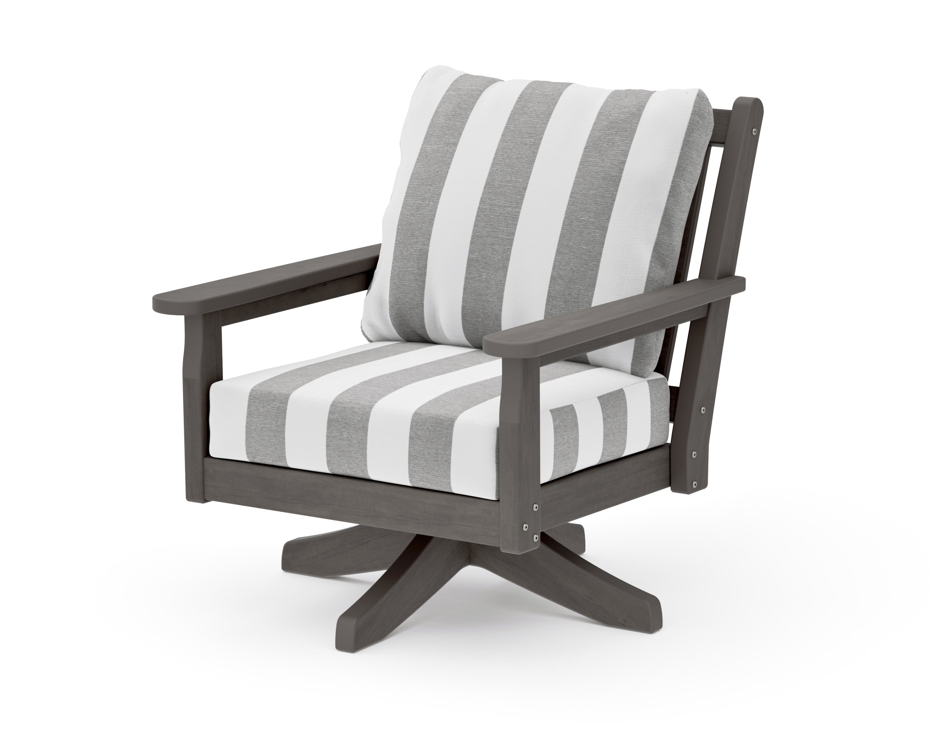 Chippendale Deep Seating Swivel Chair in Driftwood / Cabana Stripe Grey Mist