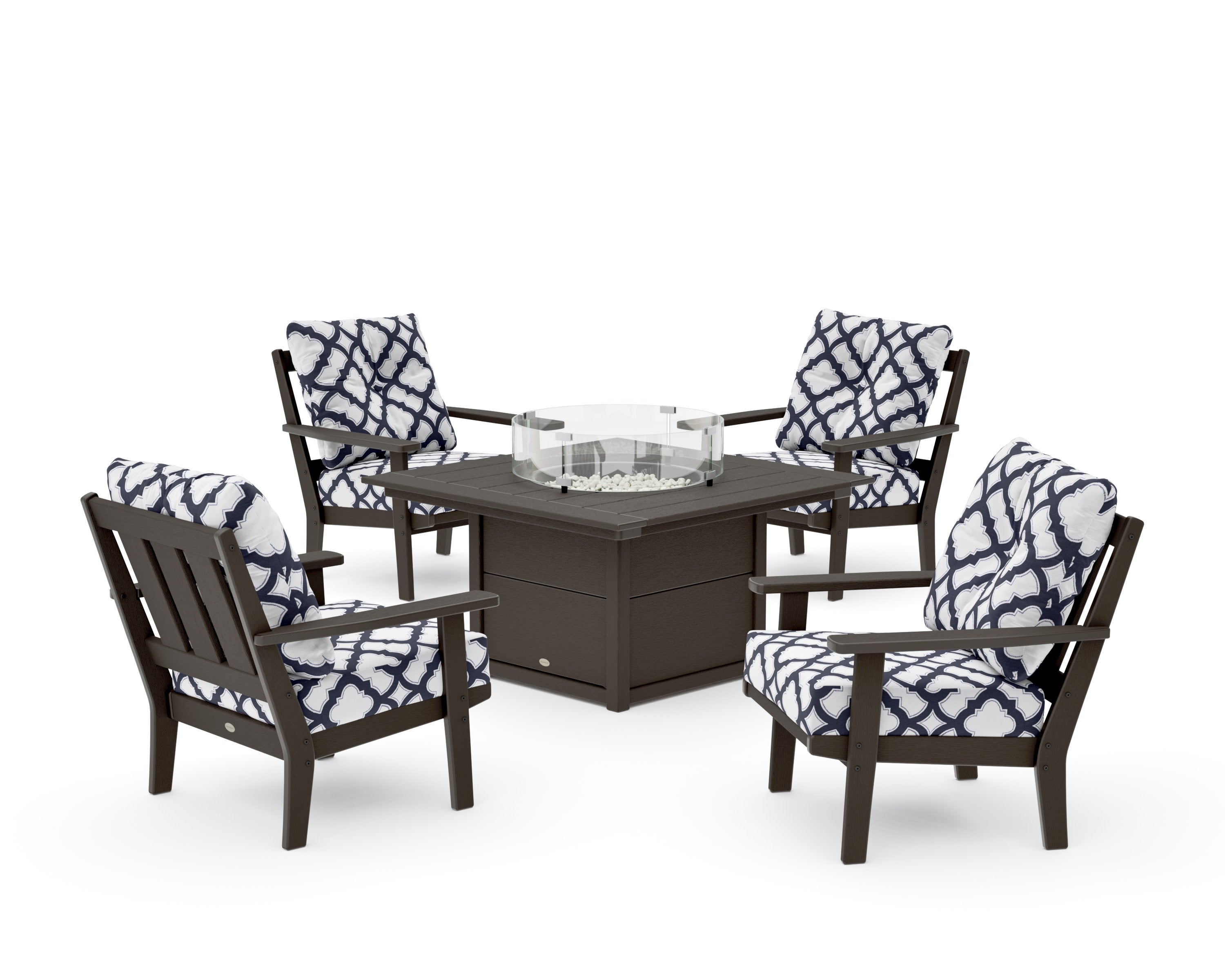 Oxford 5-Piece Deep Seating Set with Fire Pit Table in Vintage Coffee / Trellis Navy