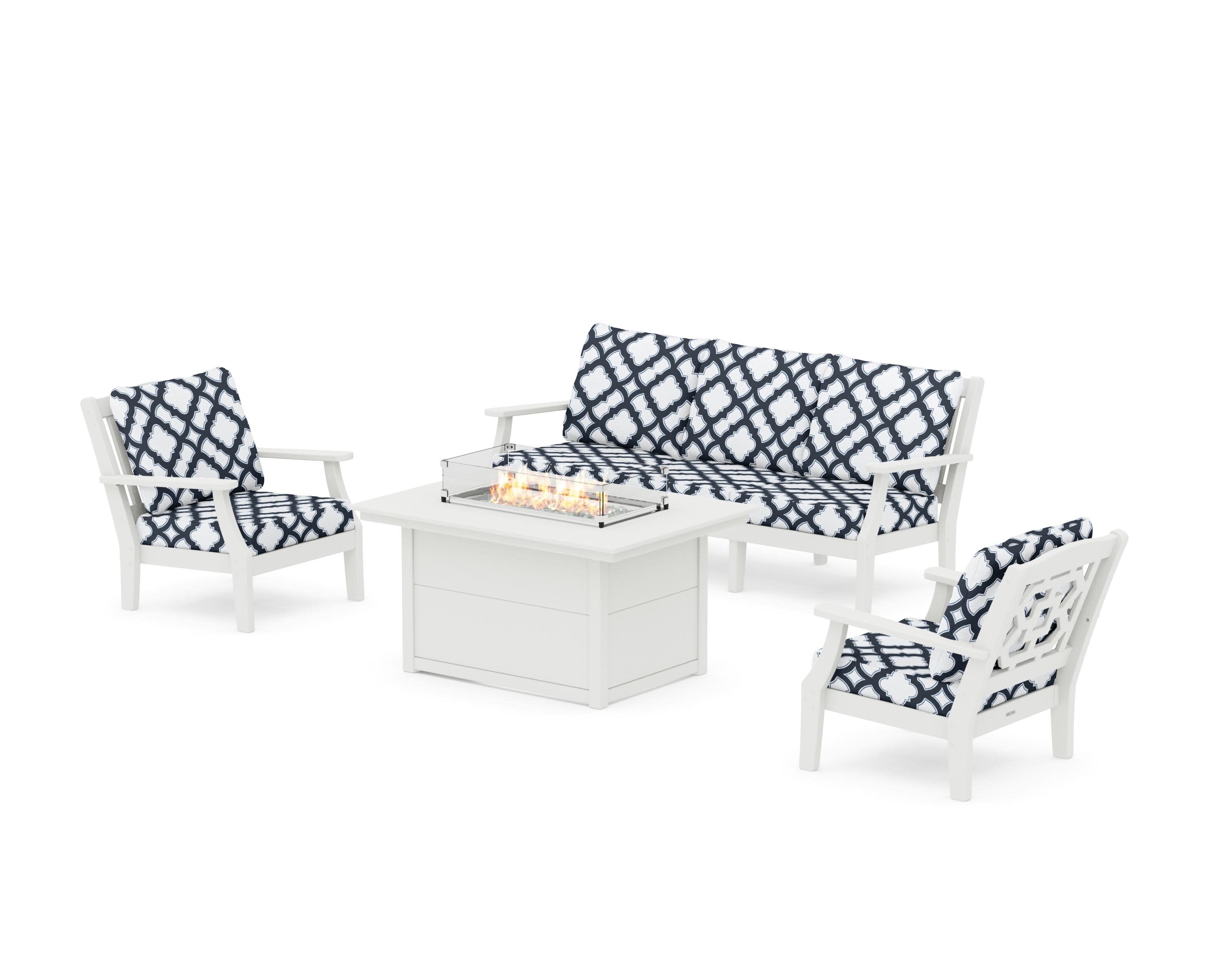 Chinoiserie Deep Seating Fire Pit Table Set in Vintage White / Trellis Marine Indigo