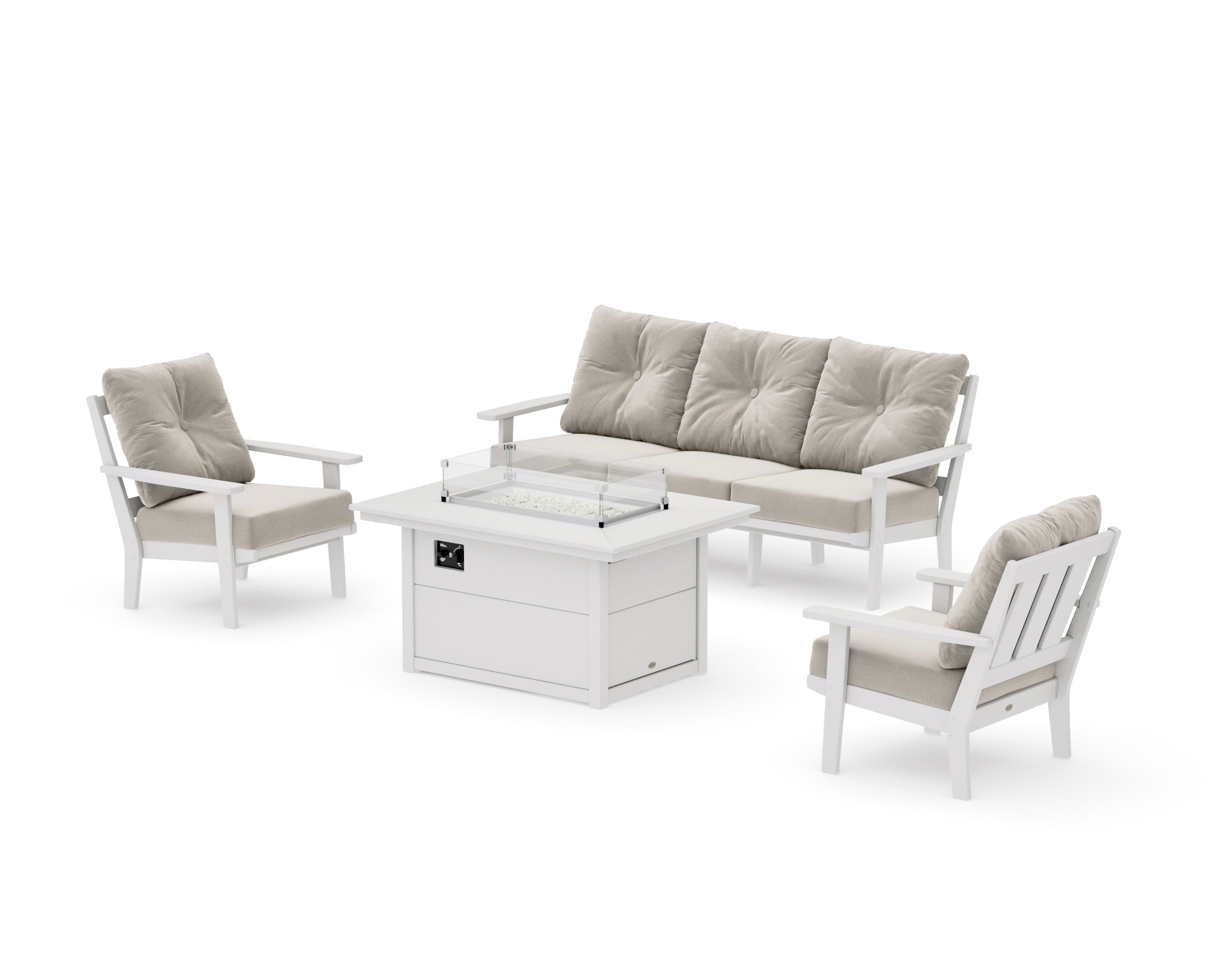 Oxford Deep Seating Fire Pit Table Set in Vintage White / Dune Burlap