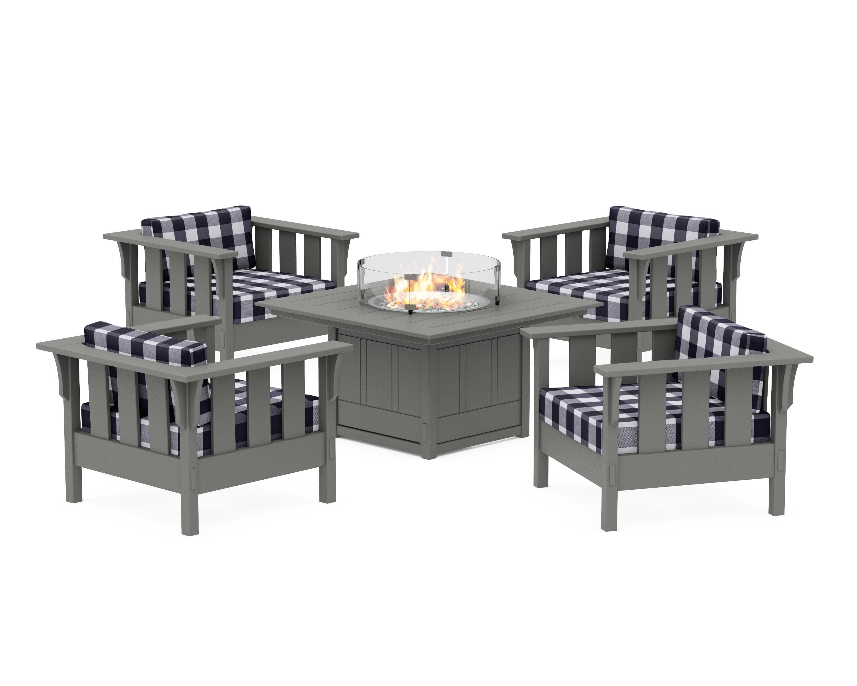 Acadia 5-Piece Deep Seating Set with Fire Pit Table in Slate Grey / Buffalo Plaid Navy