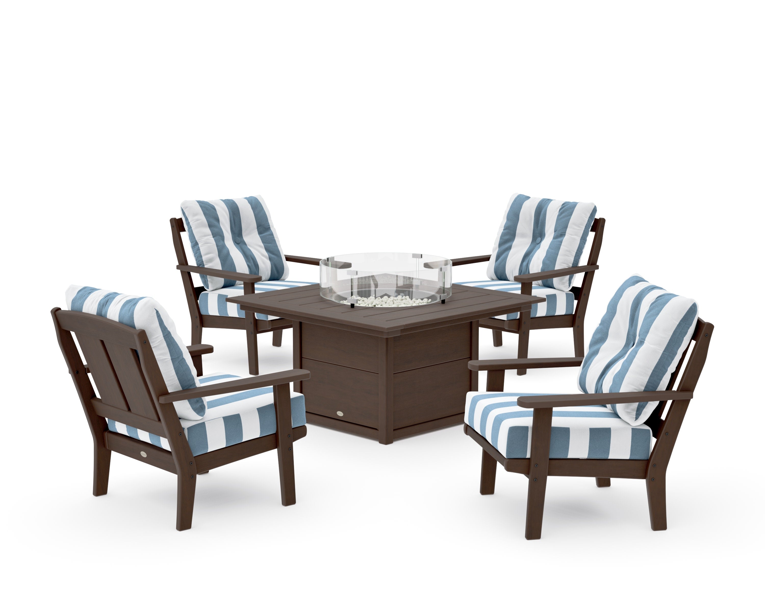 Mission 5-Piece Deep Seating Set with Fire Pit Table in Kona / Cabana Stripe Sky Blue