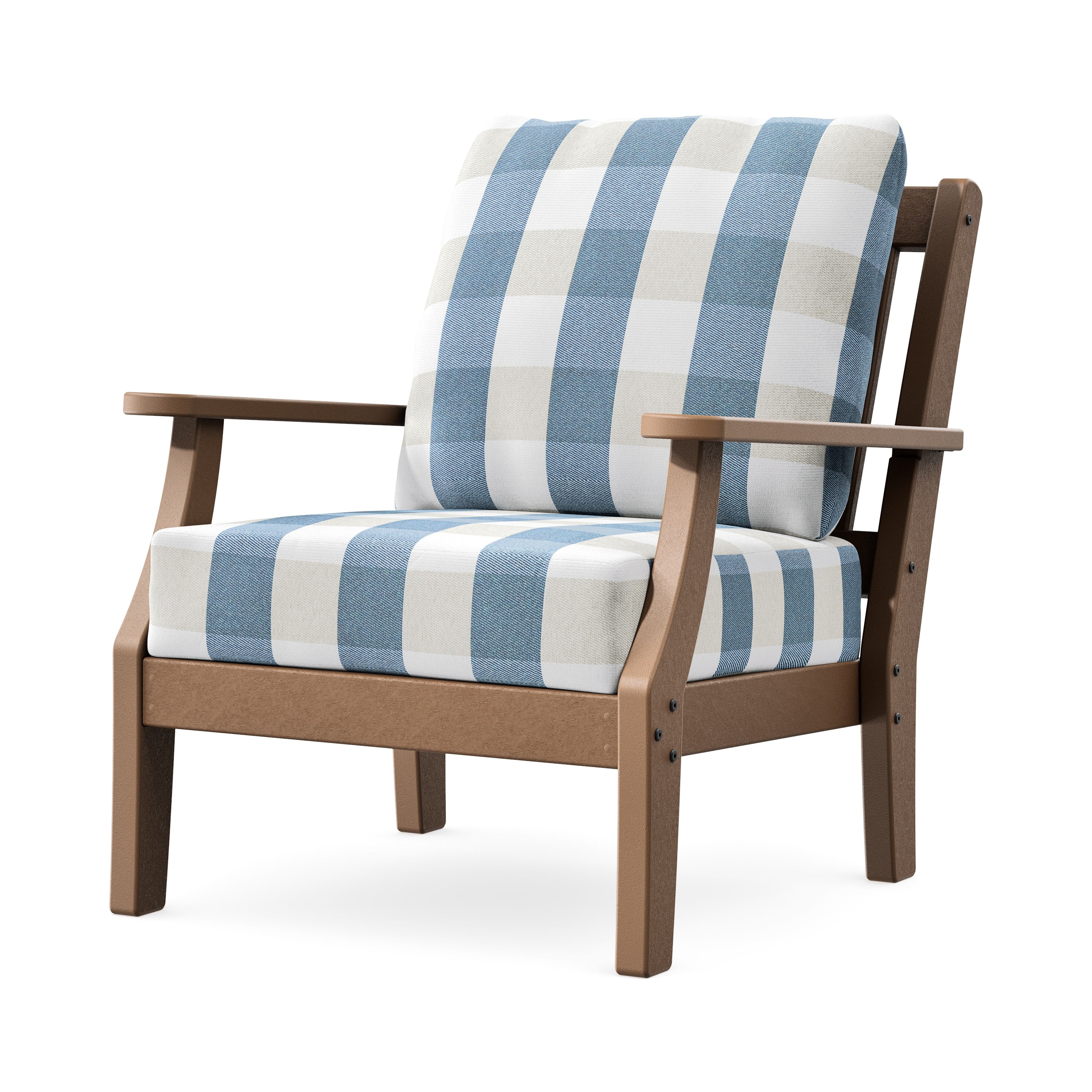 Chinoiserie Deep Seating Chair in Teak / Buffalo Plaid Sky Blue