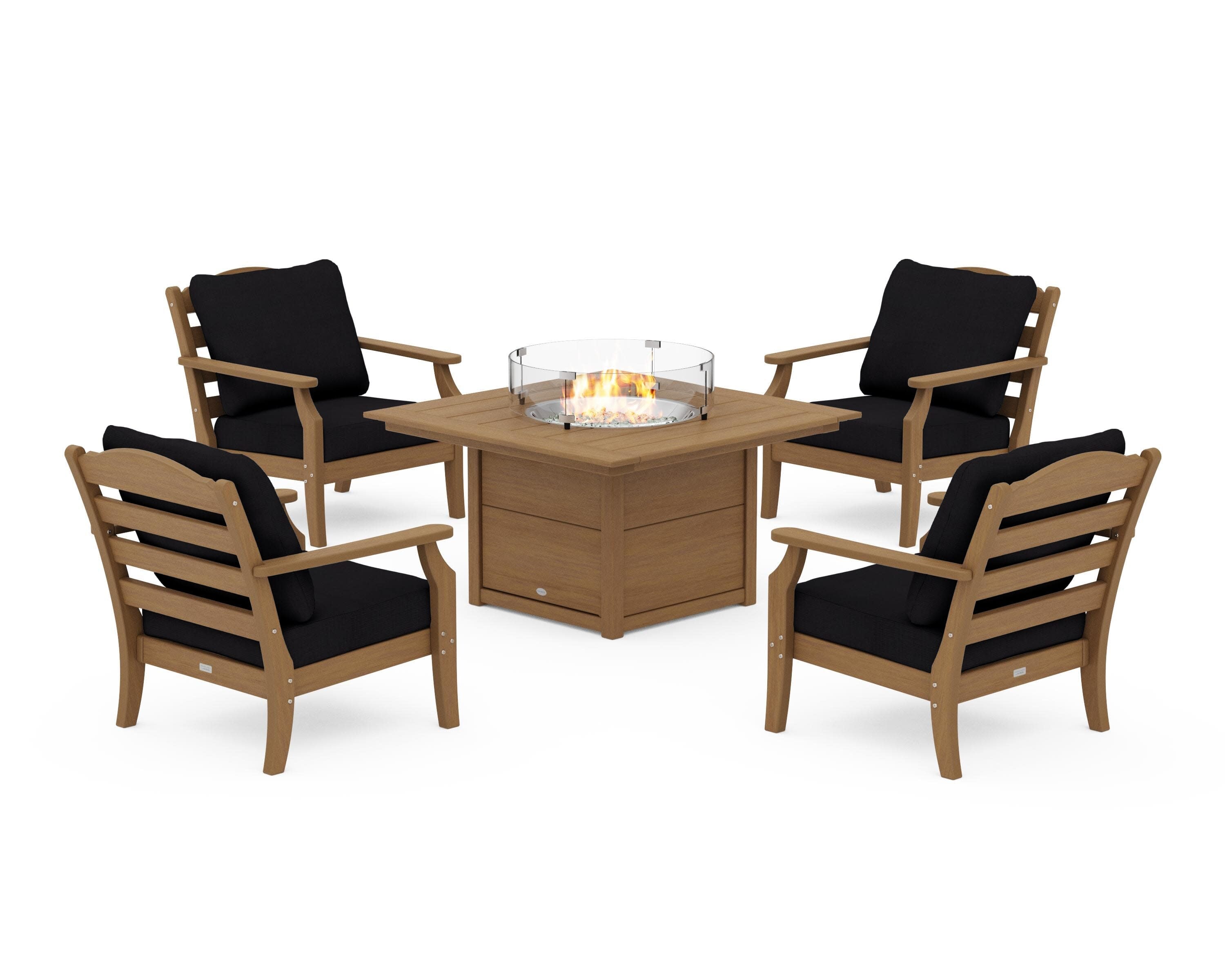 Savannah 5-Piece Deep Seating Set with Fire Pit Table in Natural / Midnight Linen