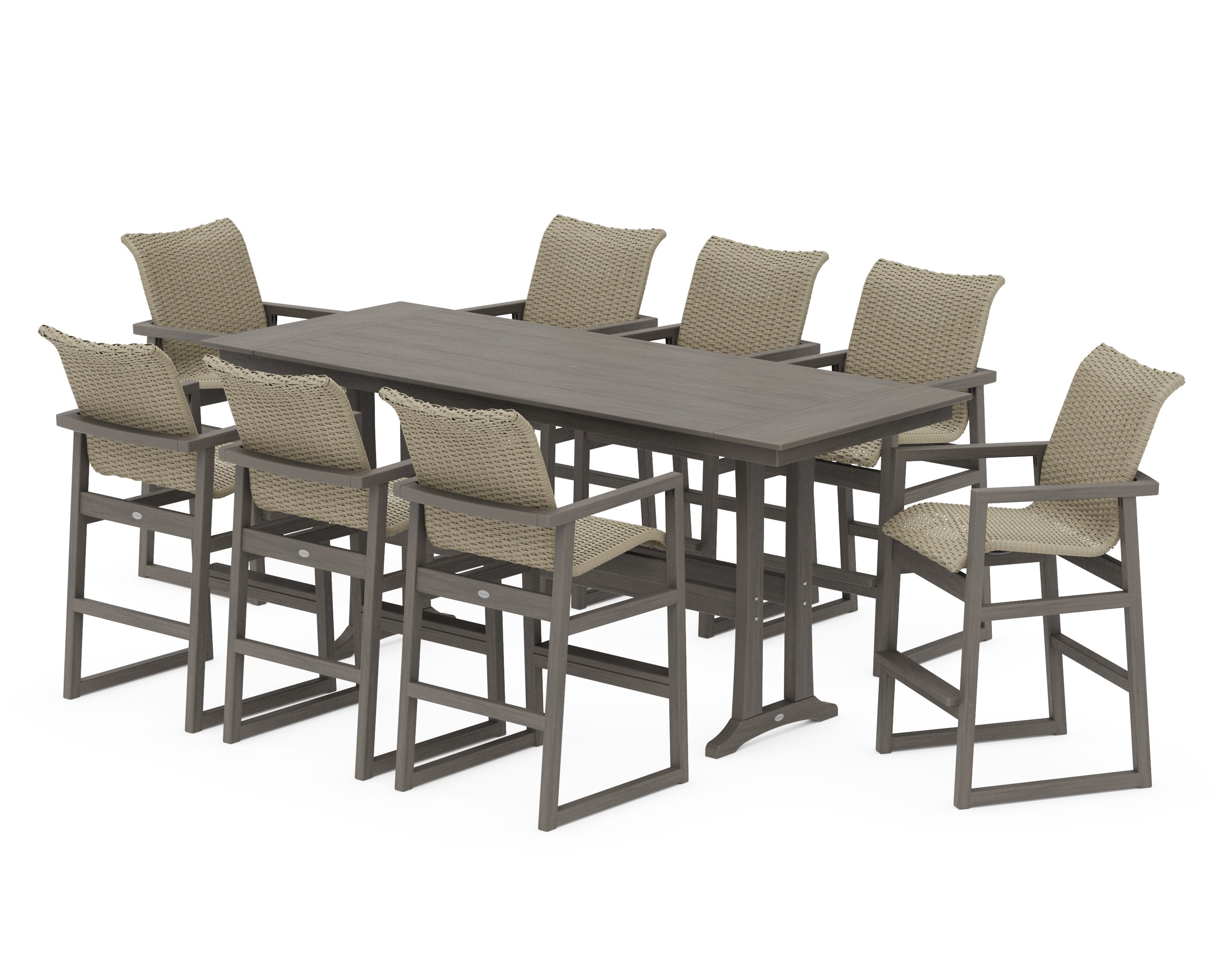 EDGE Woven 9-Piece Farmhouse Bar Set with Trestle Legs in Driftwood / Dune Grass