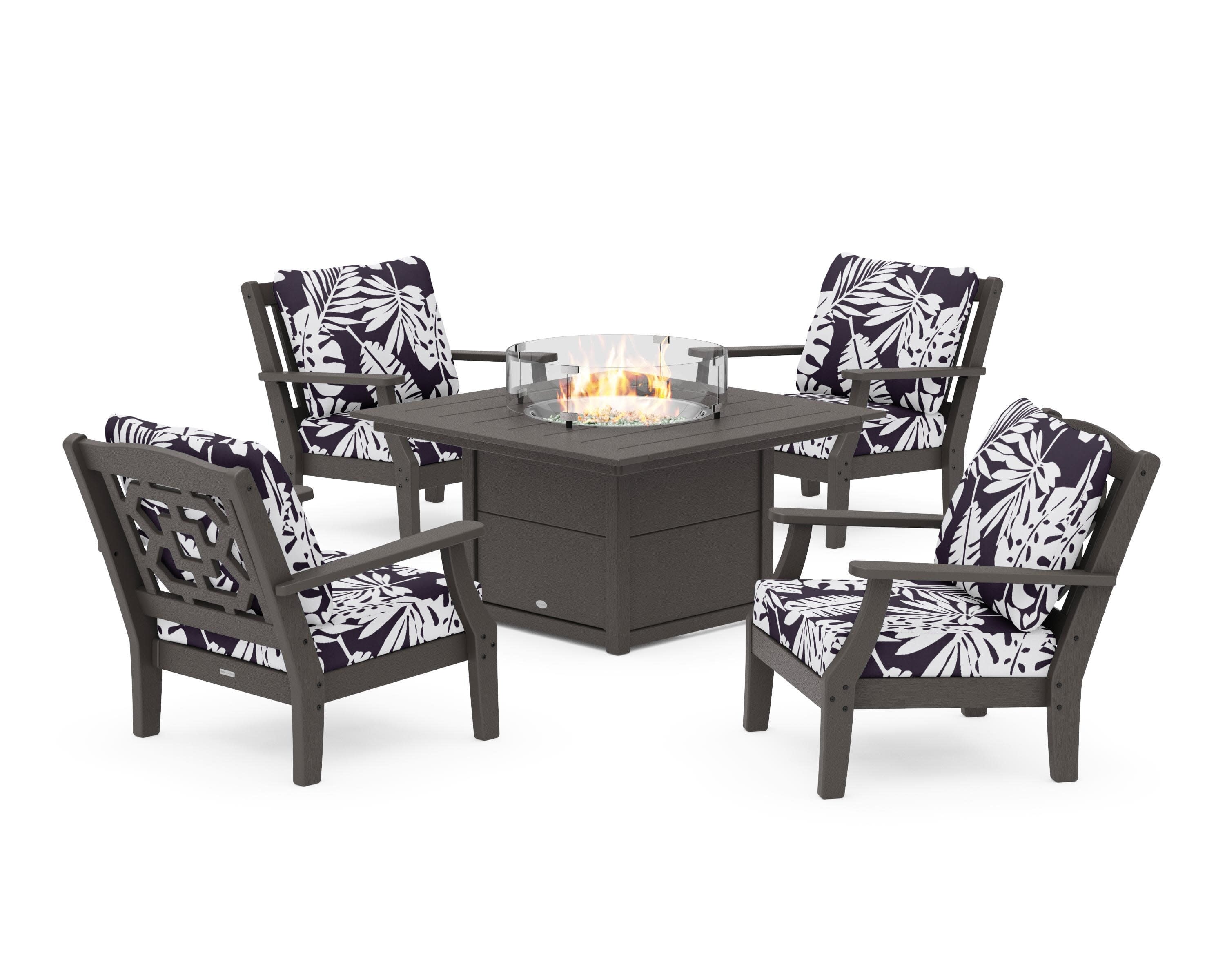 Chinoiserie 5-Piece Deep Seating Set with Fire Pit Table in Vintage Coffee / Leaf Navy