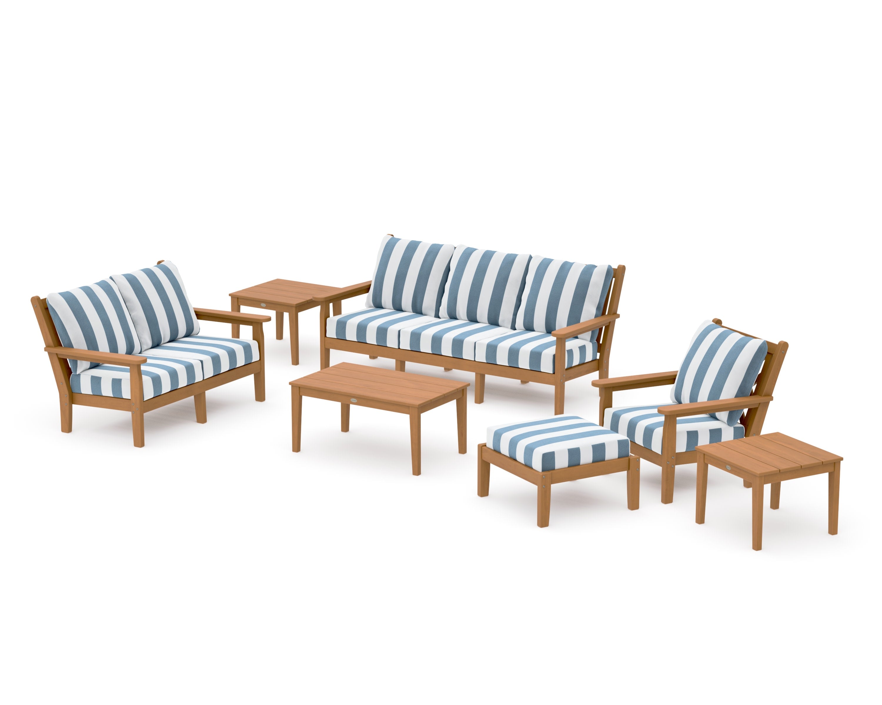 Chippendale 7-Piece Deep Seating Set in Natural / Cabana Stripe Sky Blue