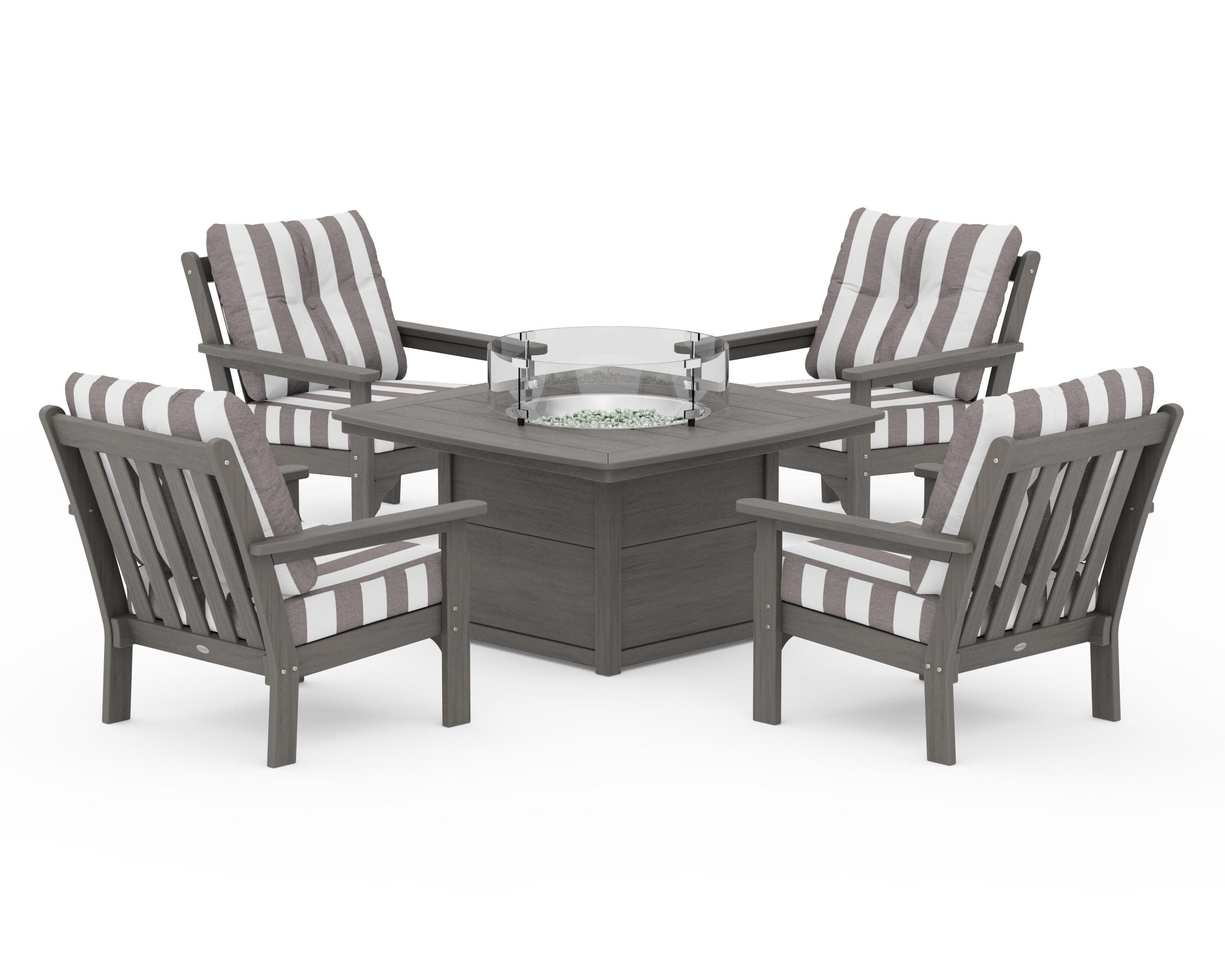 Vineyard 5-Piece Conversation Set with Fire Pit Table in Driftwood / Cabana Stripe Grey Mist