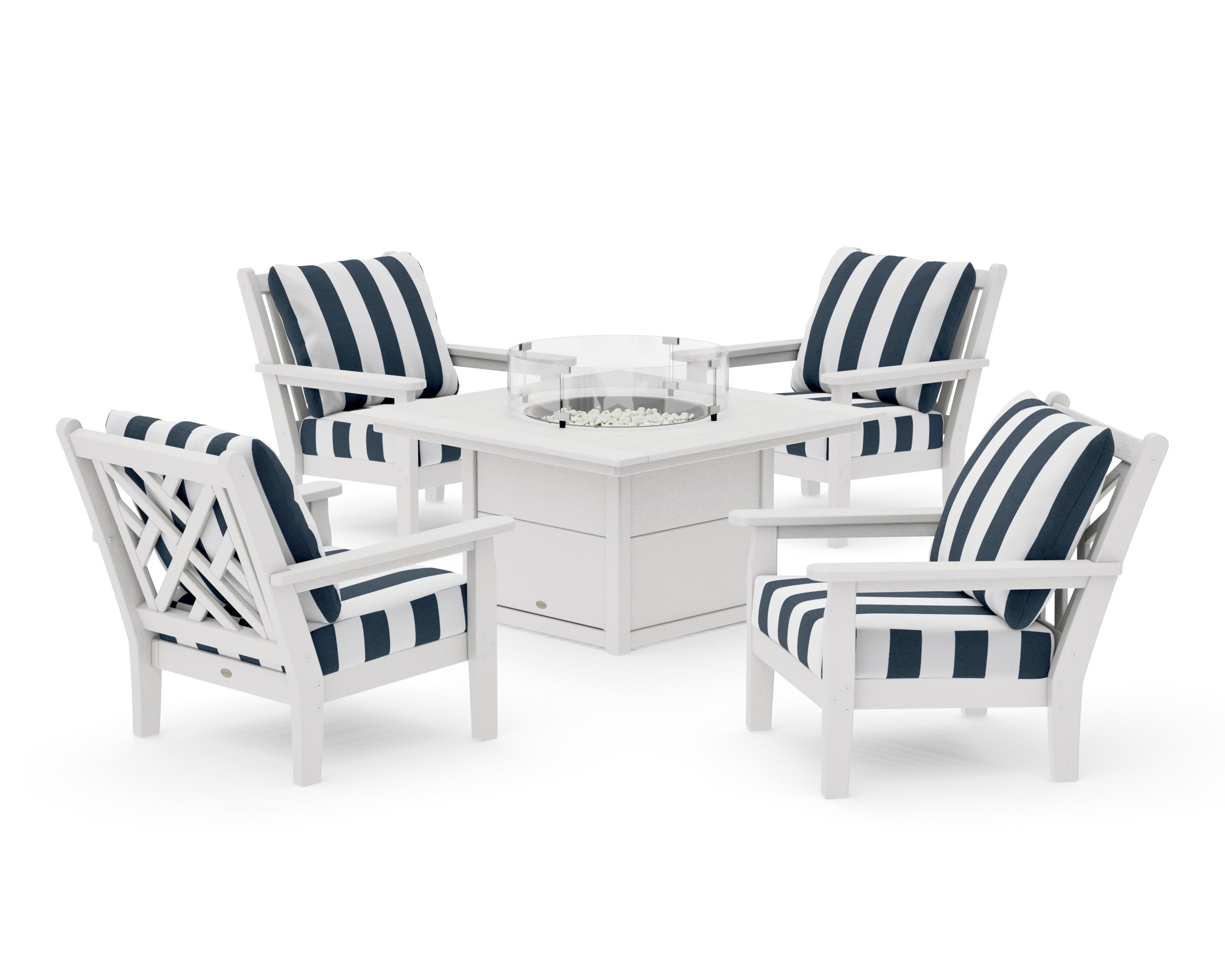 Chippendale 5-Piece Deep Seating Set with Fire Pit Table in Vintage White / Cabana Stripe Marine Indigo