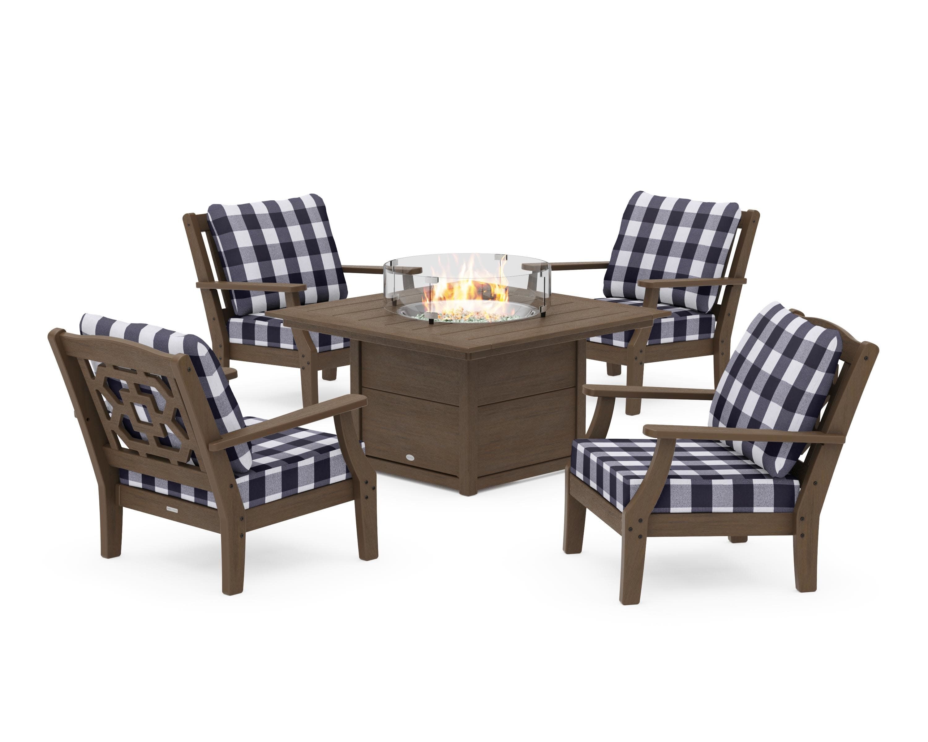 Chinoiserie 5-Piece Deep Seating Set with Fire Pit Table in Kona / Buffalo Plaid Navy