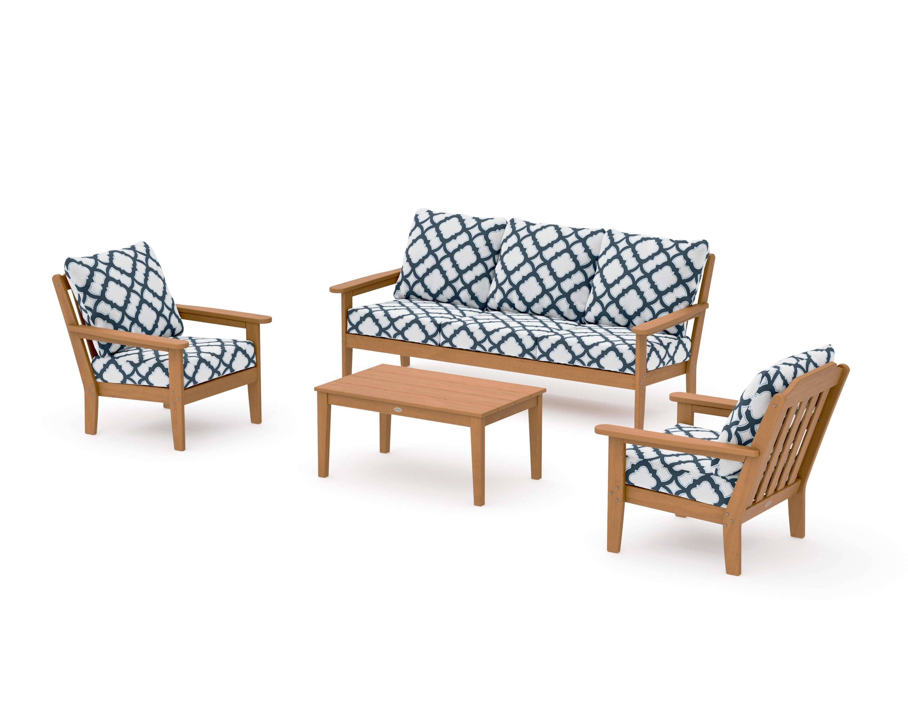 Cottage 4-Piece Deep Seating Set with Sofa in Natural / Trellis Marine Indigo