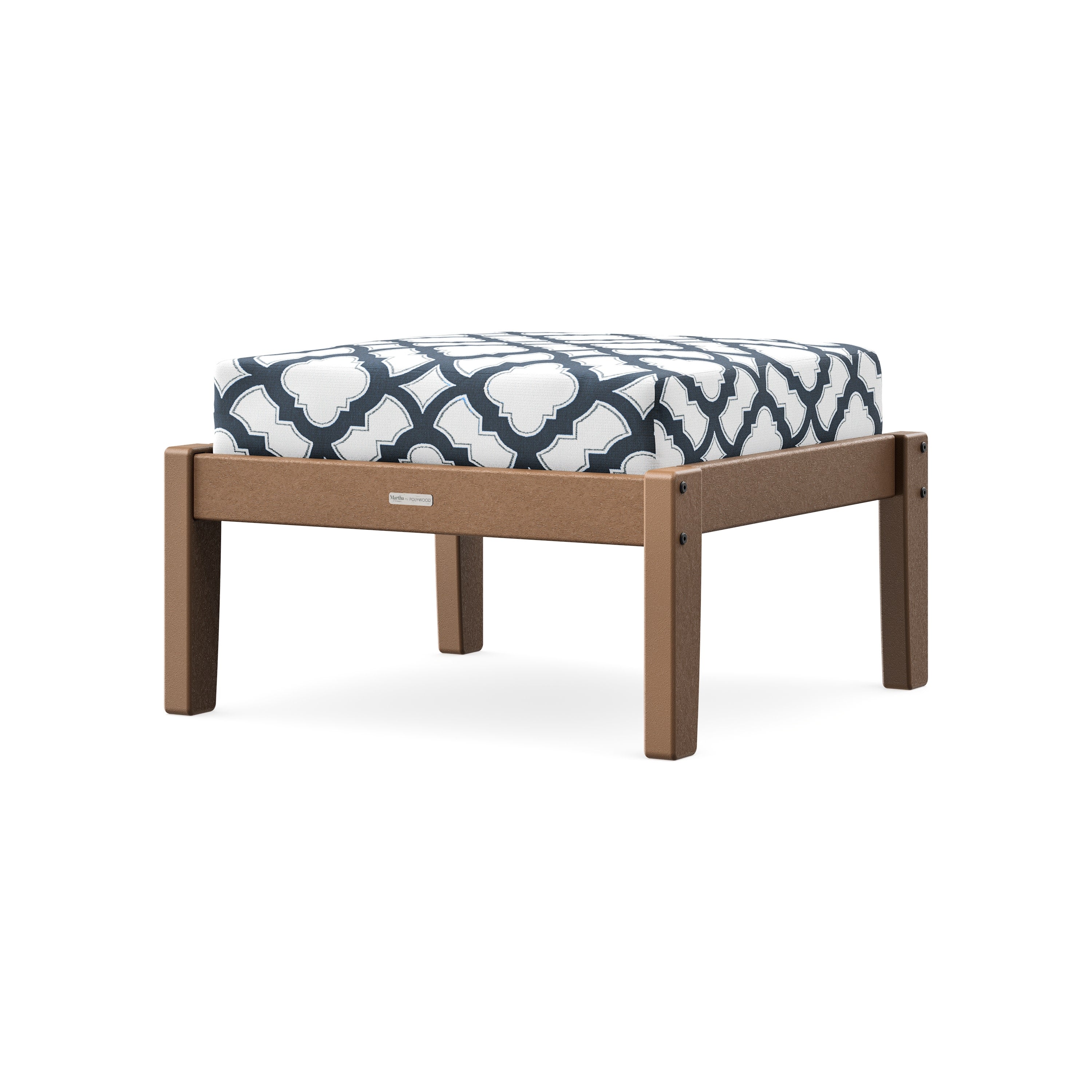 Chinoiserie Deep Seating Ottoman in Teak / Trellis Marine Indigo