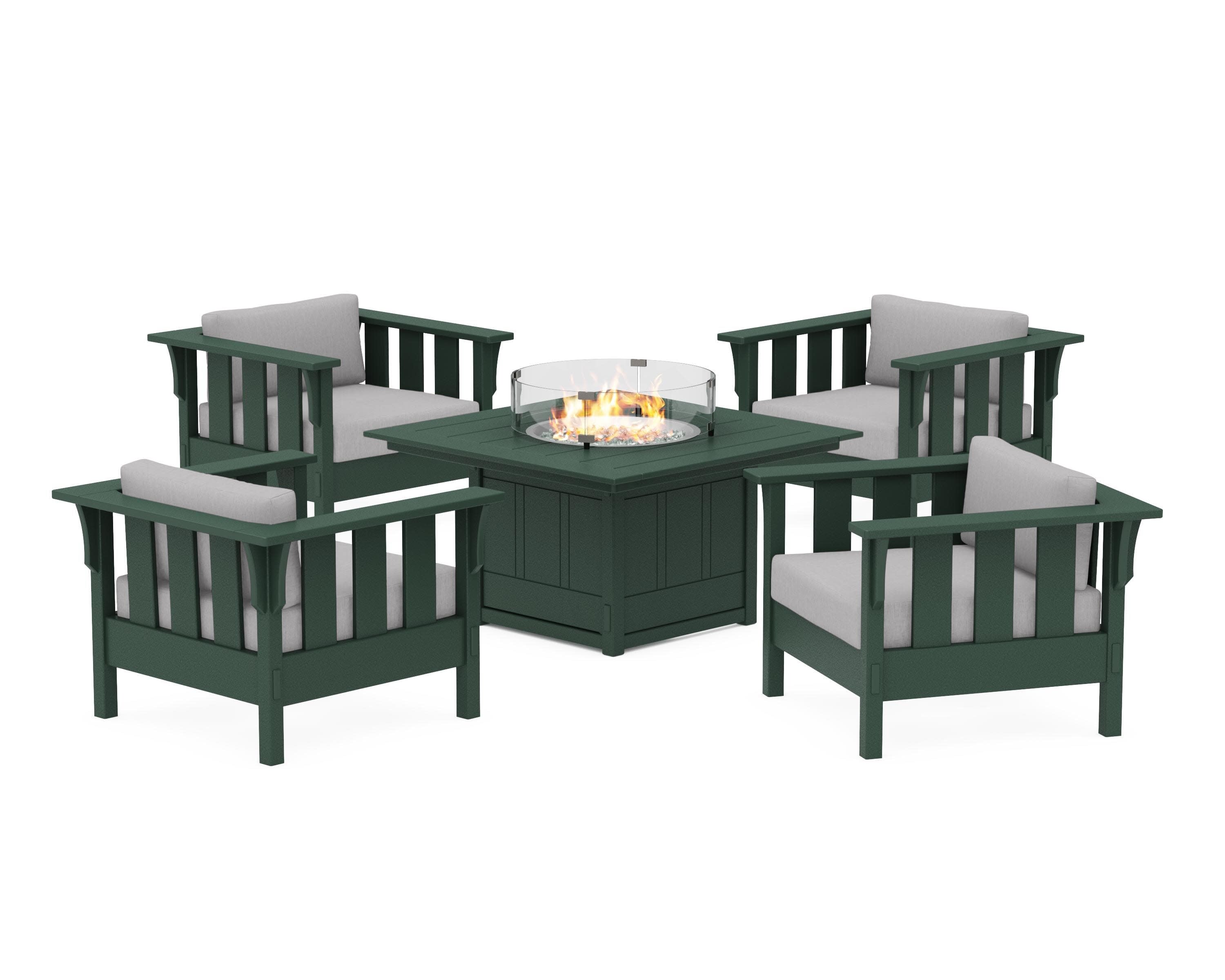 Acadia 5-Piece Deep Seating Set with Fire Pit Table in Green / Granite