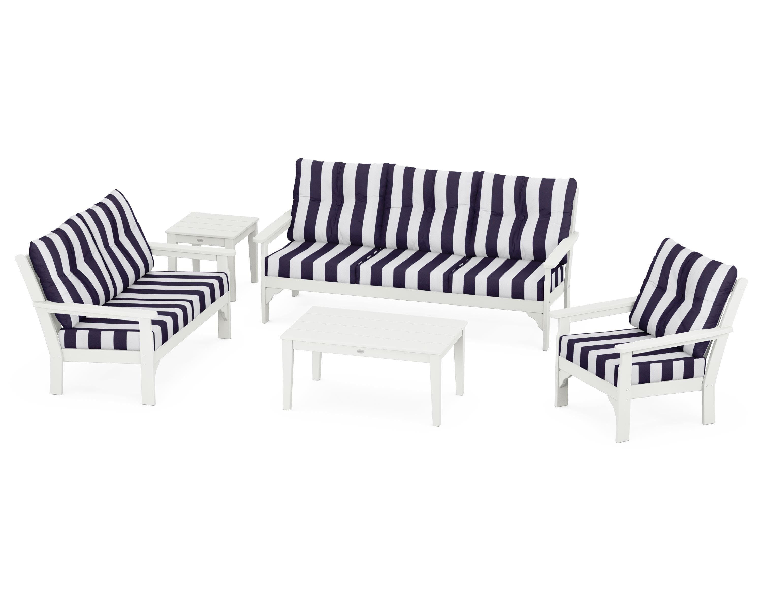 Vineyard 5 Piece Deep Seating Set in Vintage White / Cabana Stripe Navy
