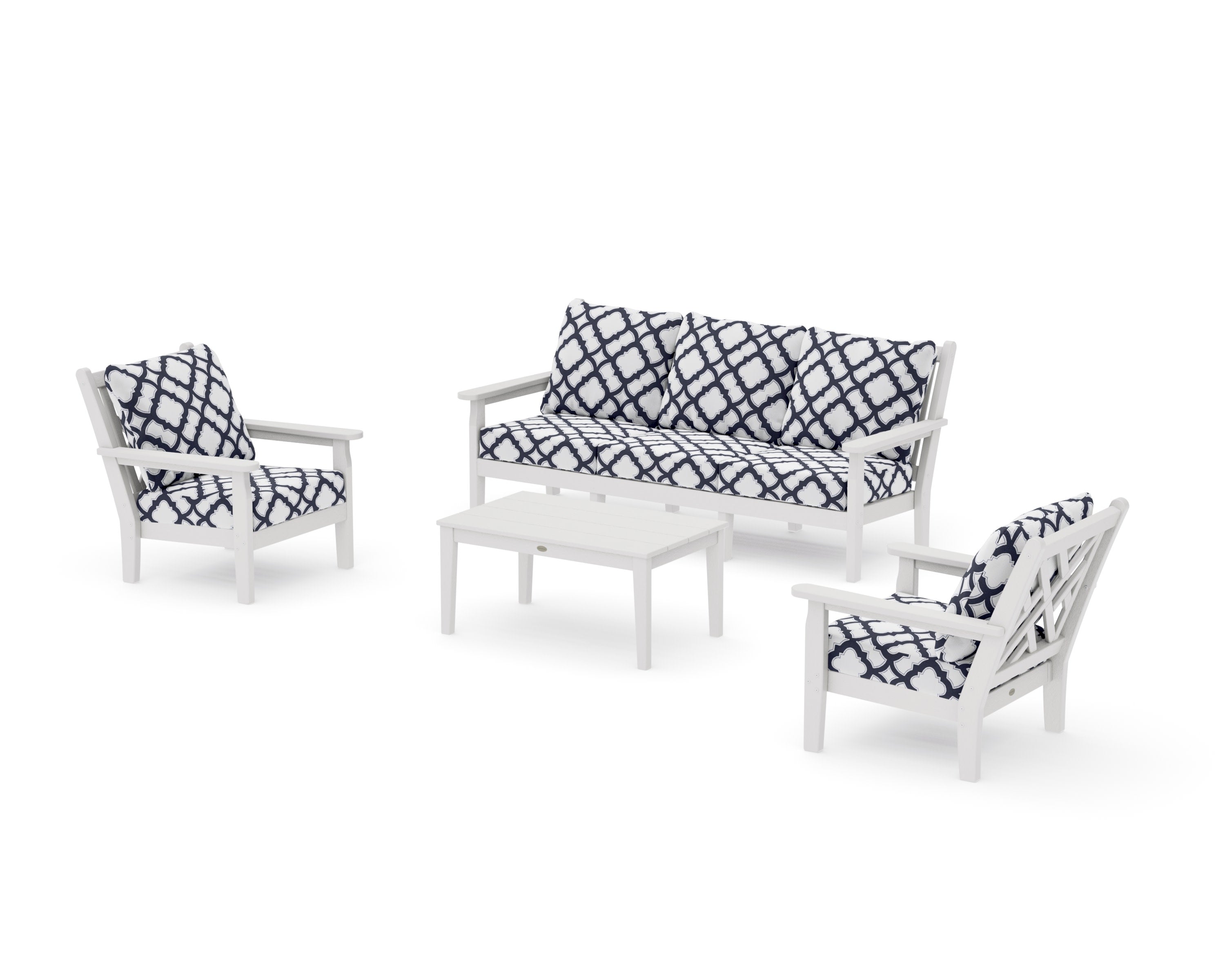 Chippendale 4-Piece Deep Seating Set with Sofa in Vintage White / Trellis Navy