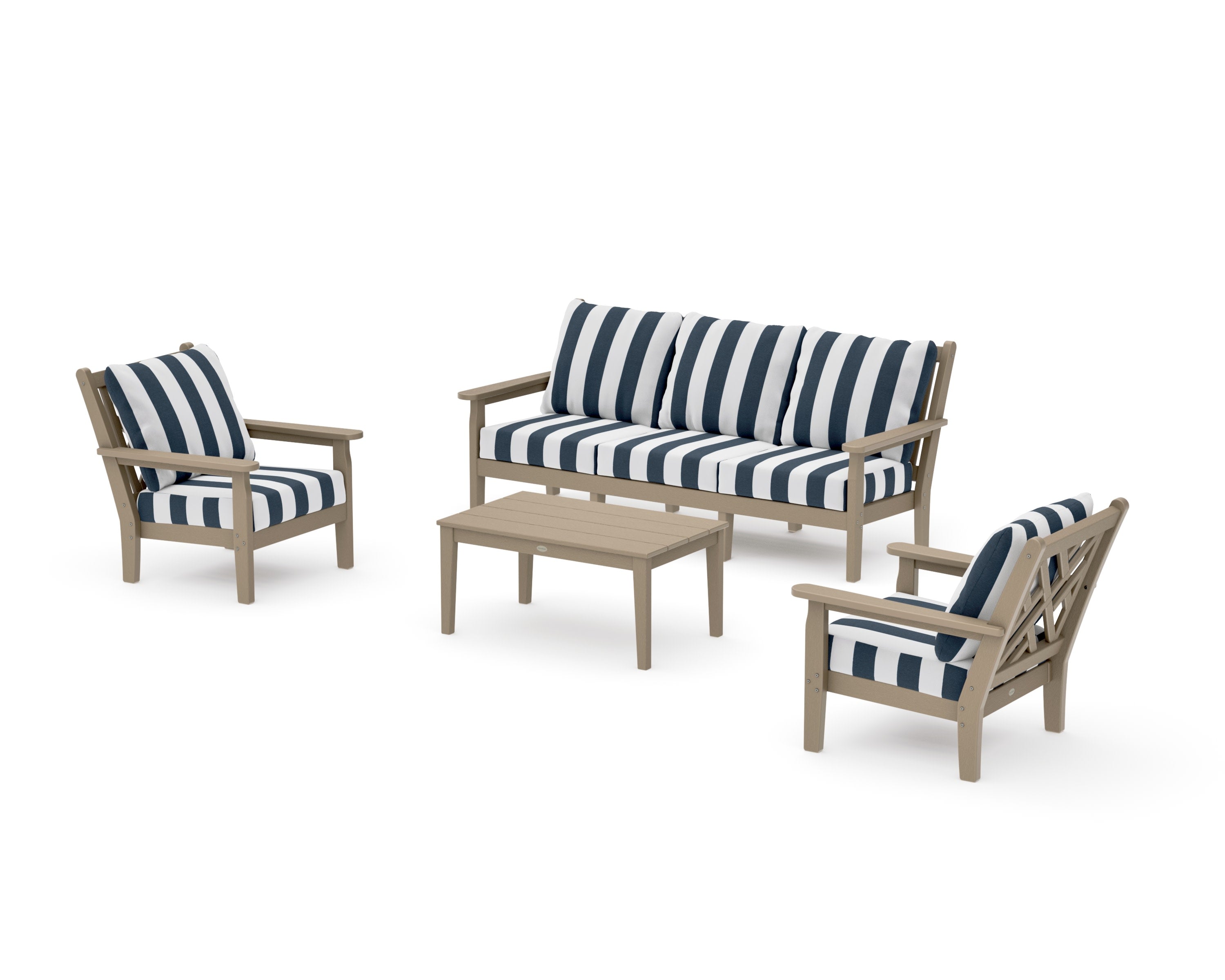 Chippendale 4-Piece Deep Seating Set with Sofa in Vintage Sahara / Cabana Stripe Marine Indigo