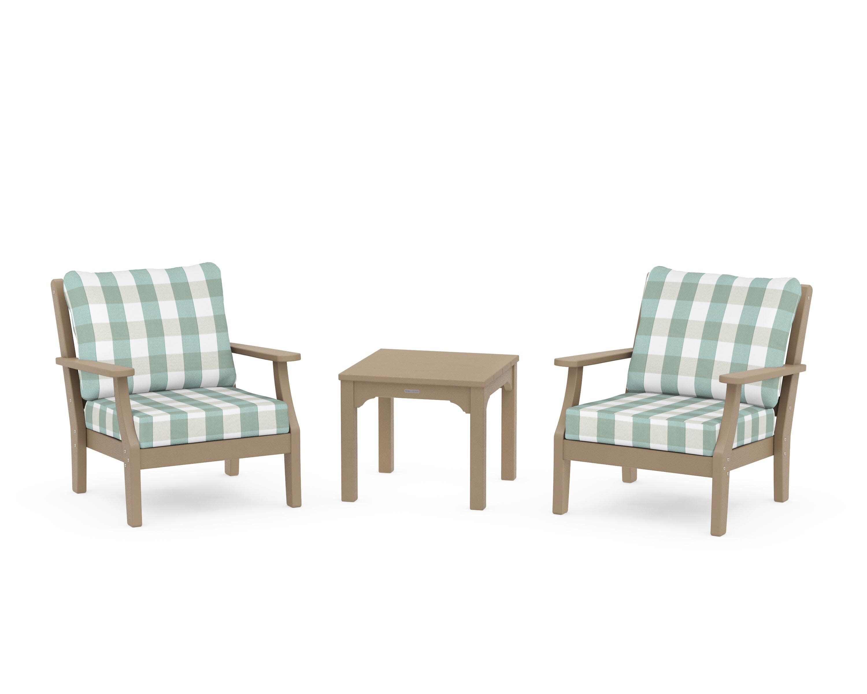 Chinoiserie 3-Piece Deep Seating Set in Vintage Sahara / Buffalo Plaid Glacier Spa