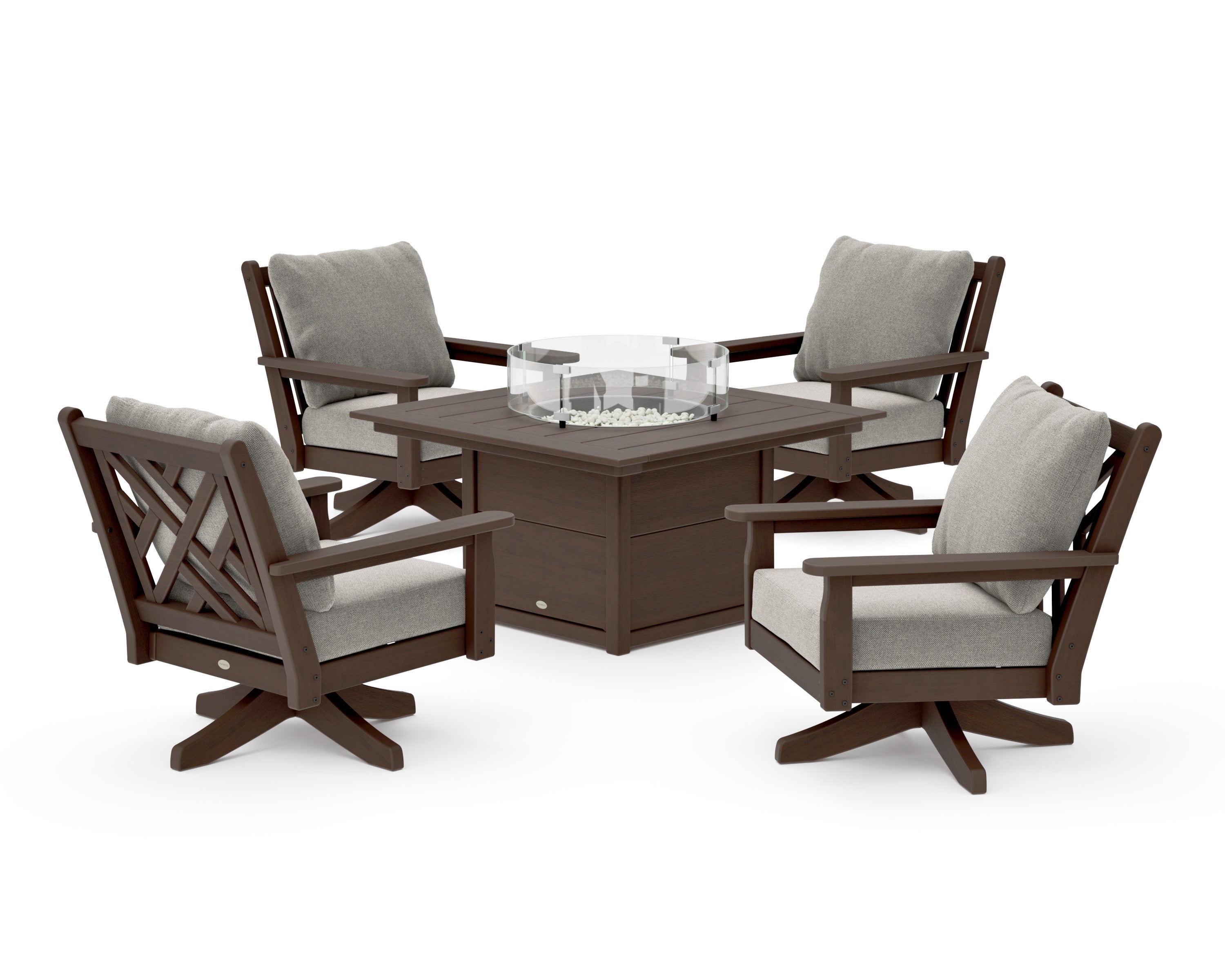 Chippendale 5-Piece Deep Seating Swivel Conversation Set with Fire Pit Table in Kona / Weathered Tweed