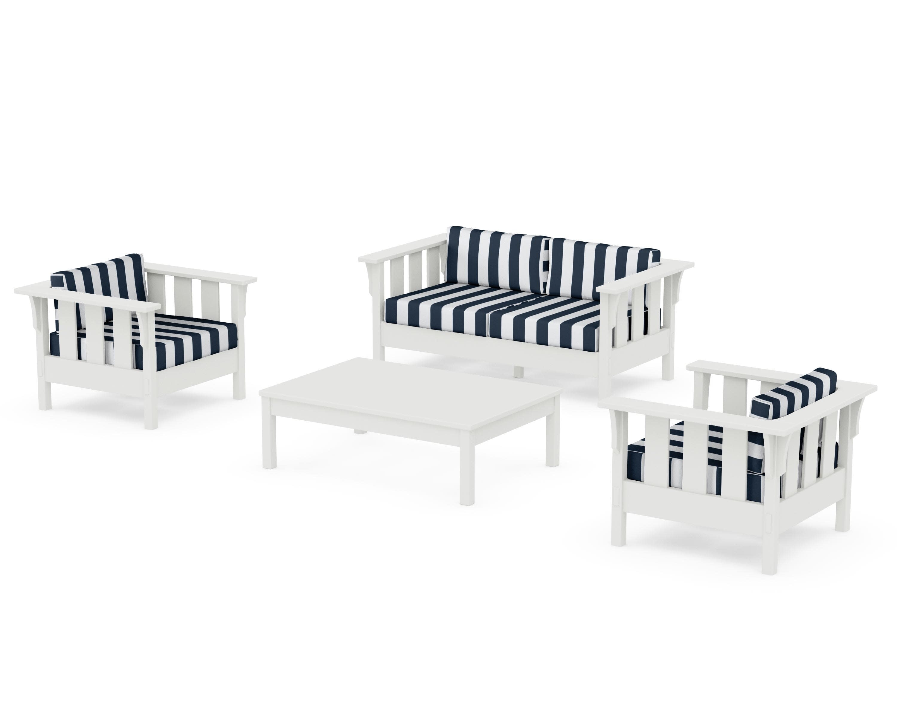 Acadia 4-Piece Deep Seating Set with Loveseat in Vintage White / Cabana Stripe Marine Indigo