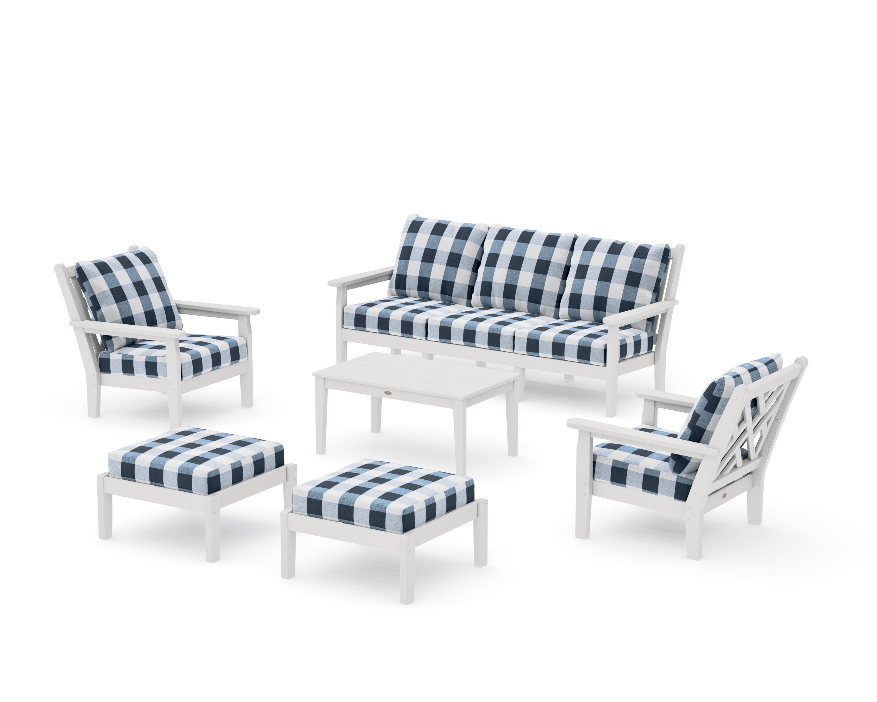 Chippendale 6-Piece Lounge Sofa Set in Vintage White / Buffalo Plaid Marine Indigo
