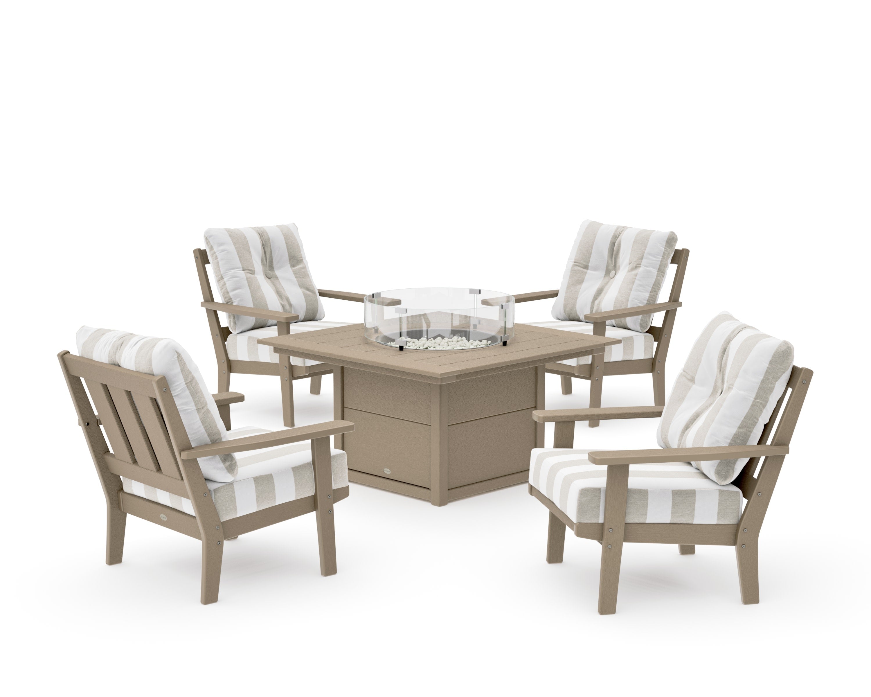Oxford 5-Piece Deep Seating Set with Fire Pit Table in Vintage Sahara / Cabana Stripe Dune Burlap