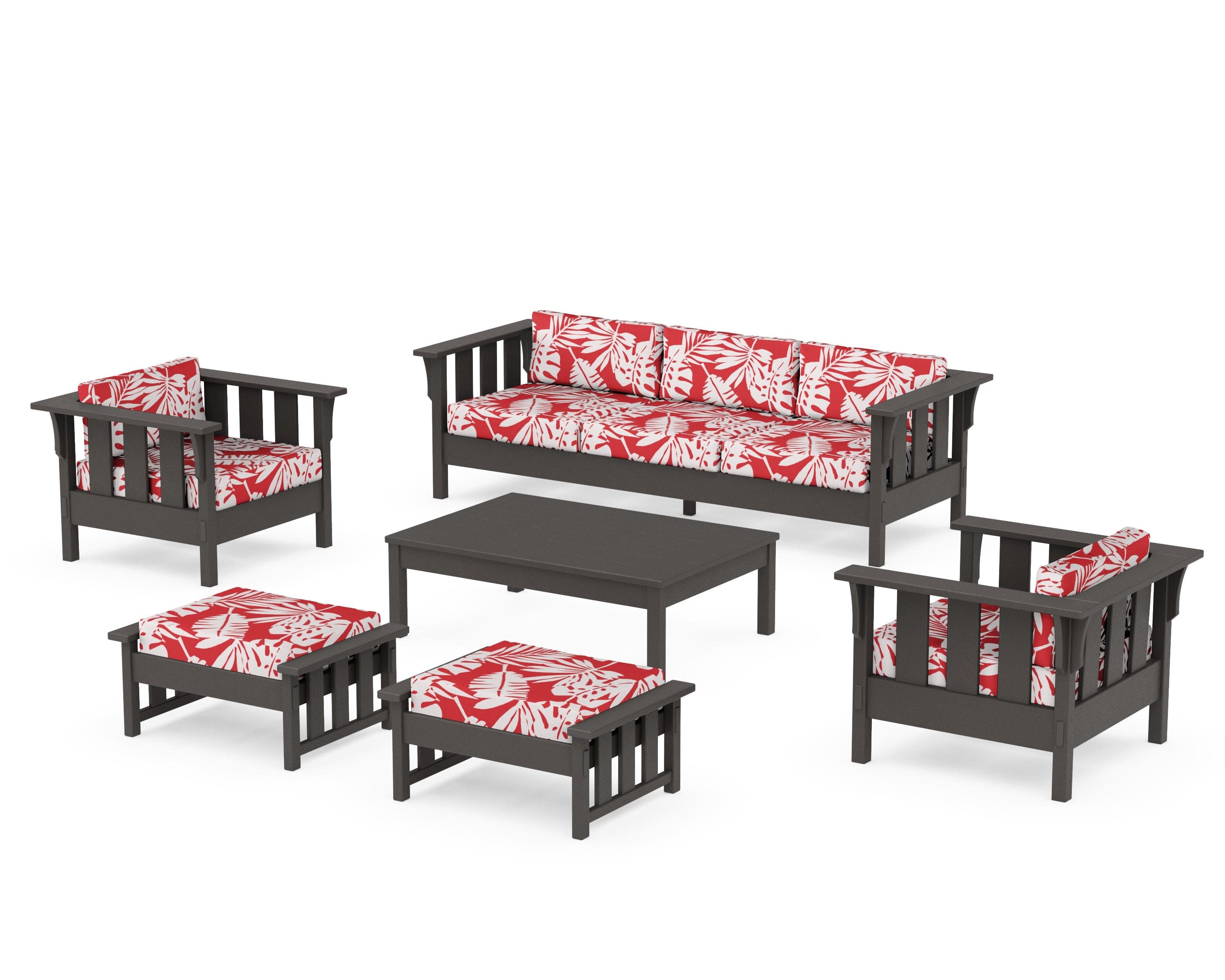 Acadia 6-Piece Lounge Sofa Set in Vintage Coffee / Leaf Crimson