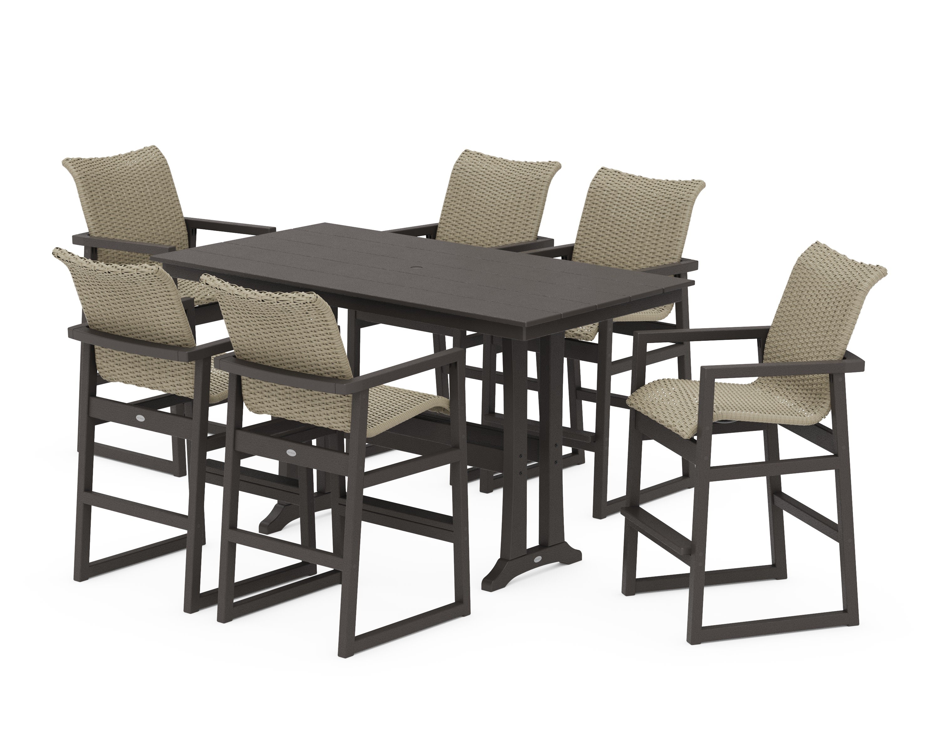 EDGE Woven Arm Chair 7-Piece Farmhouse Bar Set with Trestle Legs in Vintage Coffee / Dune Grass