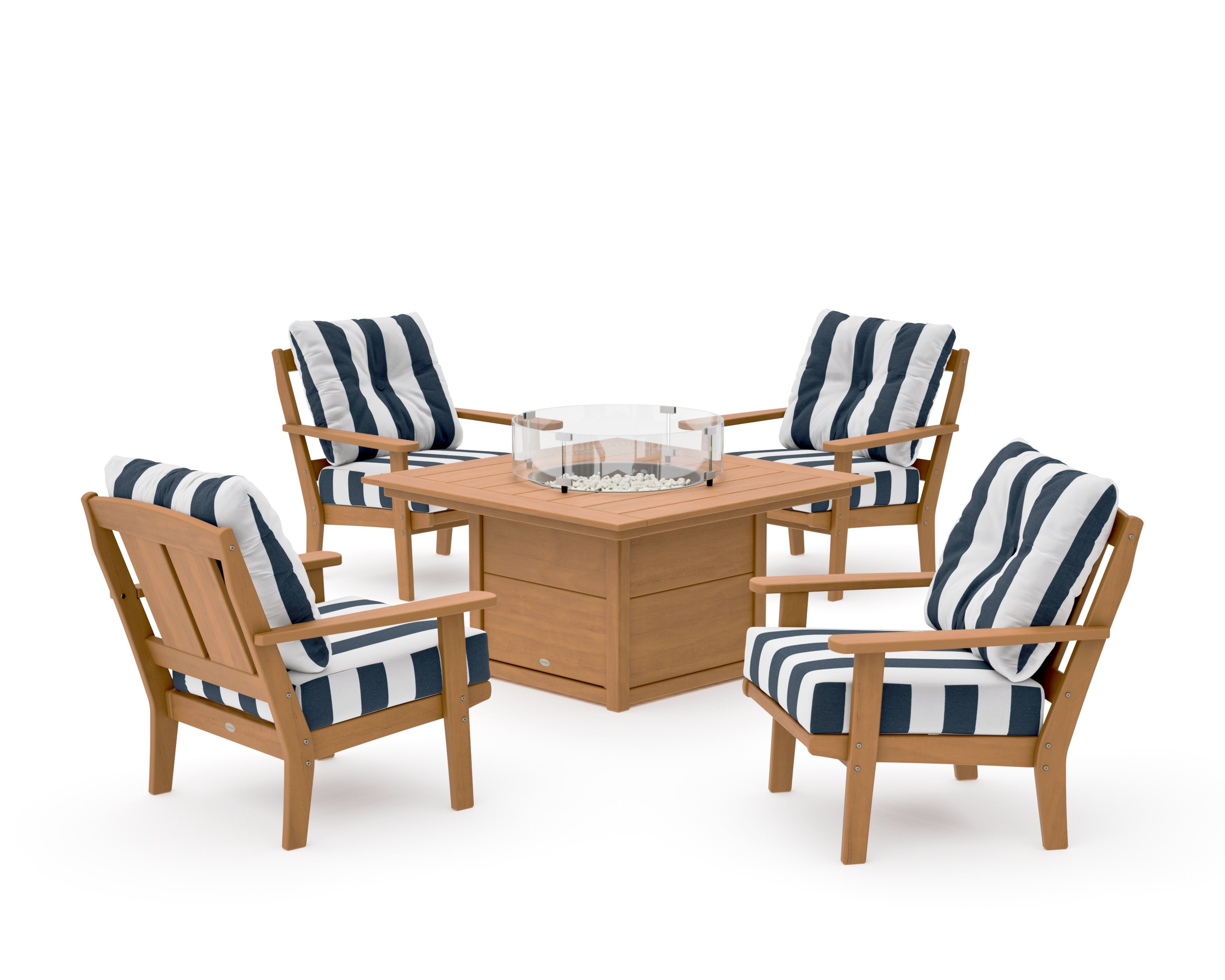 Mission 5-Piece Deep Seating Set with Fire Pit Table in Natural / Cabana Stripe Marine Indigo