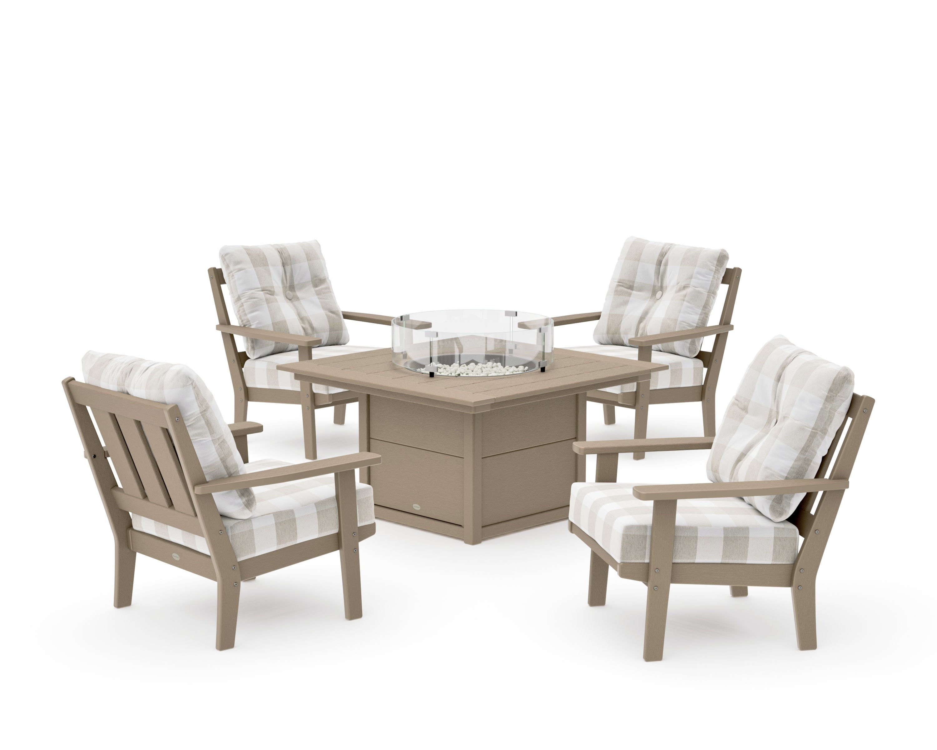 Oxford 5-Piece Deep Seating Set with Fire Pit Table in Vintage Sahara / Buffalo Plaid Dune Burlap
