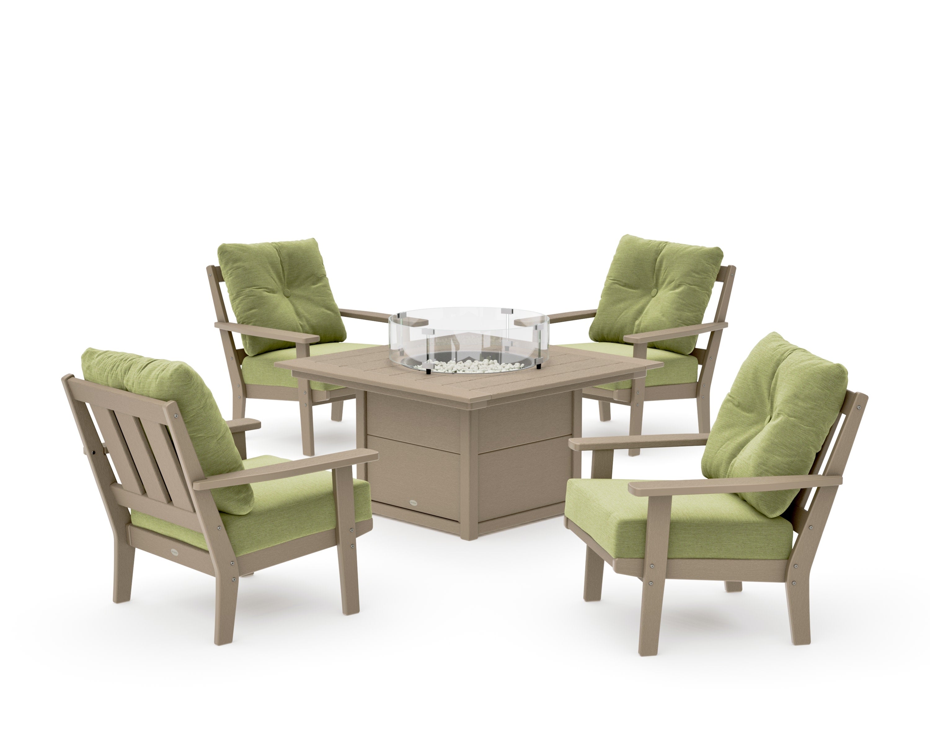 Oxford 5-Piece Deep Seating Set with Fire Pit Table in Vintage Sahara / Chartreuse Boucle