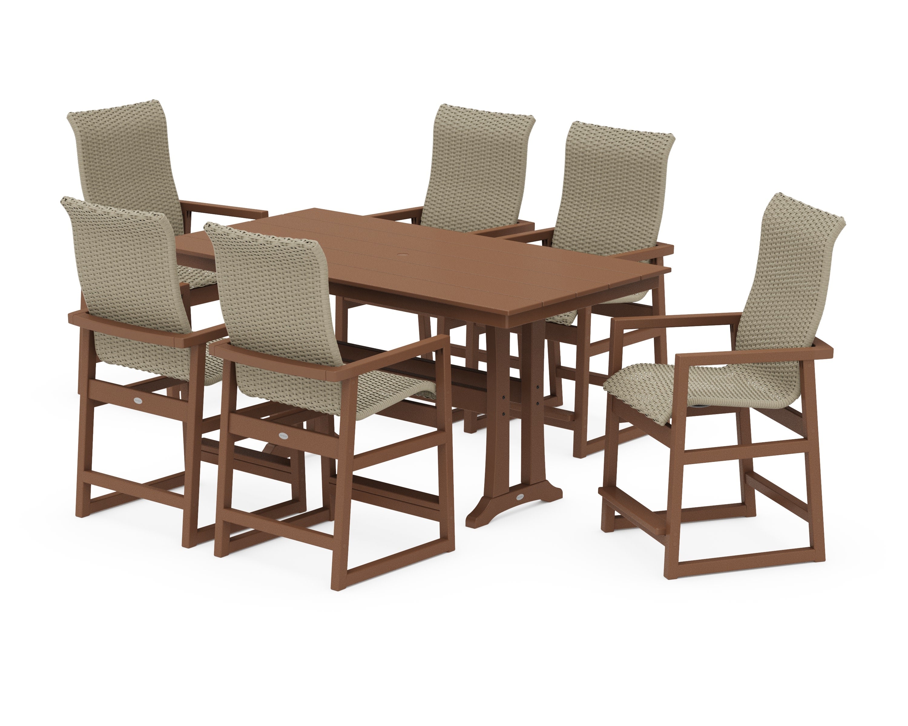 EDGE Woven Highback Arm Chair 7-Piece Farmhouse Counter Set with Trestle Legs in Teak / Dune Grass
