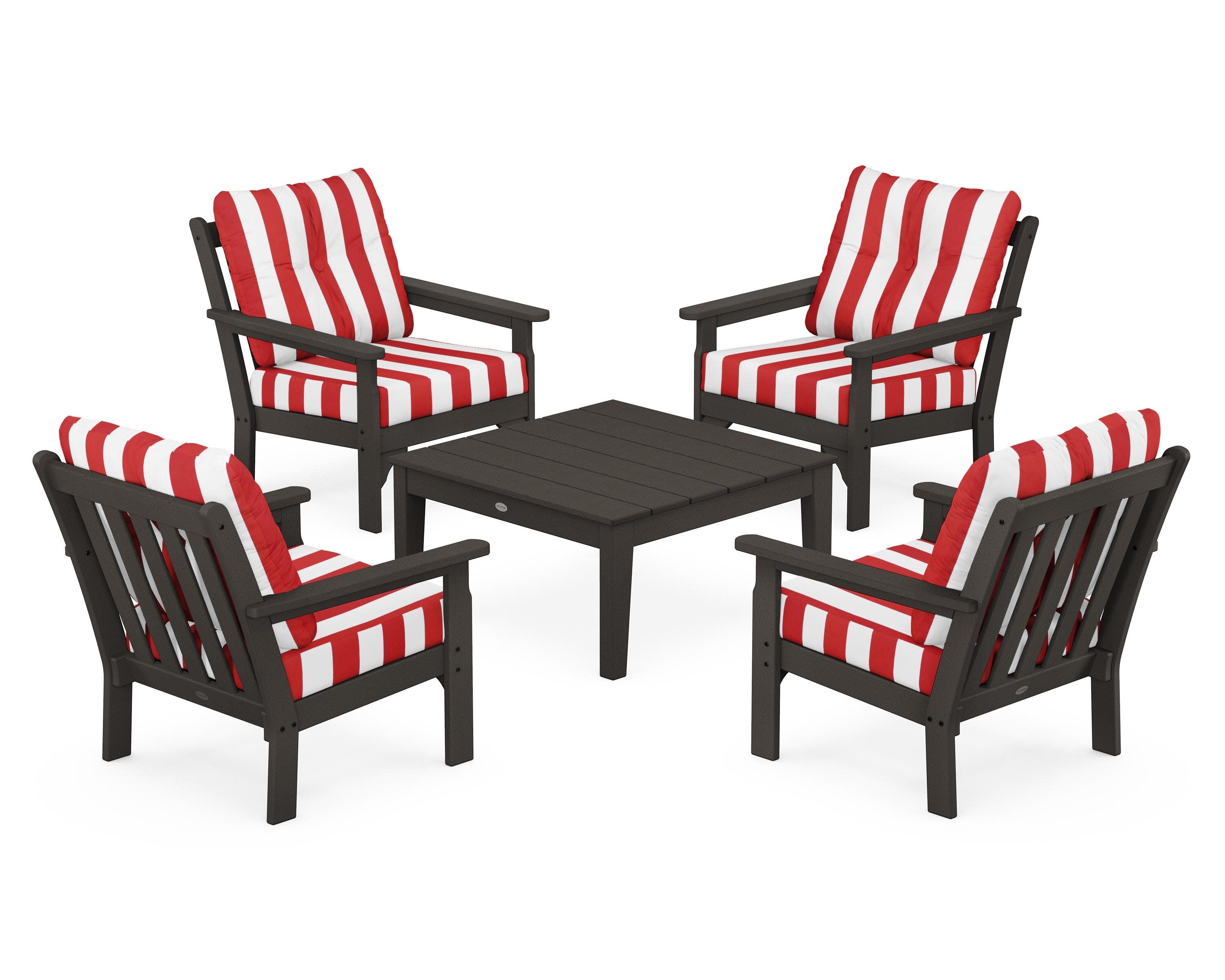 Vineyard 5-Piece Deep Seating Conversation Set in Vintage Coffee / Cabana Stripe Crimson