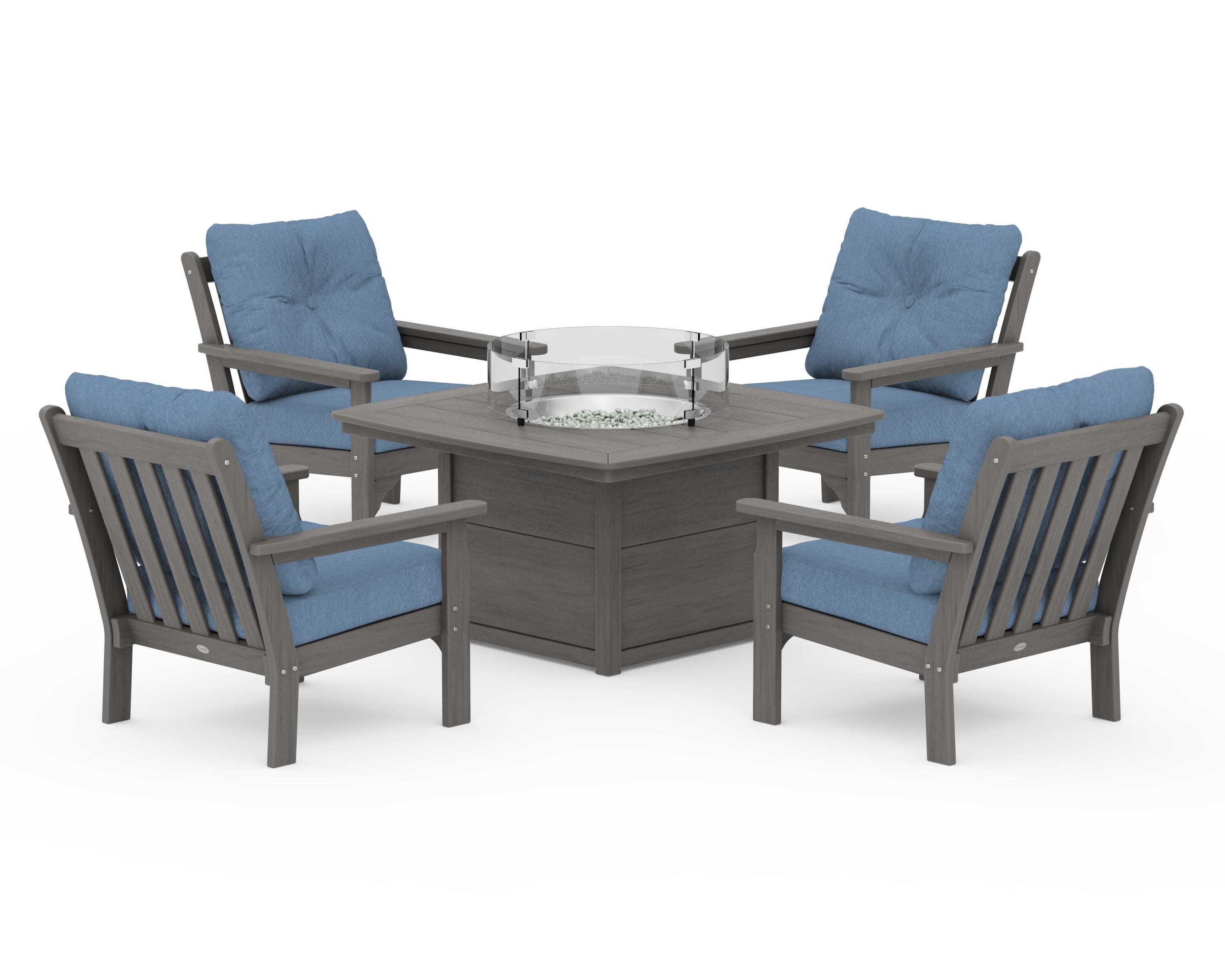 Vineyard 5-Piece Conversation Set with Fire Pit Table in Driftwood / Sky Blue