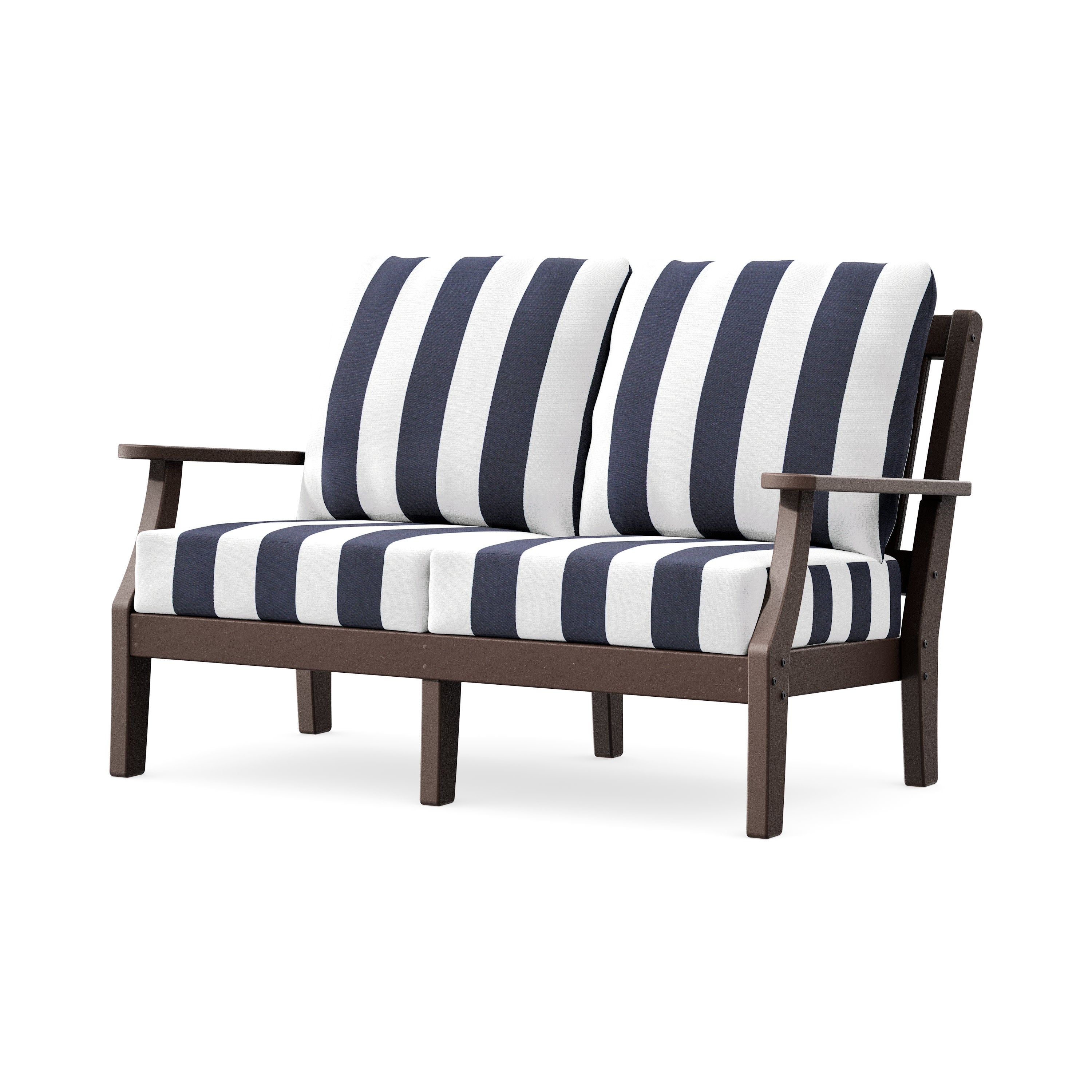 Chinoiserie Deep Seating Loveseat in Mahogany / Cabana Stripe Navy